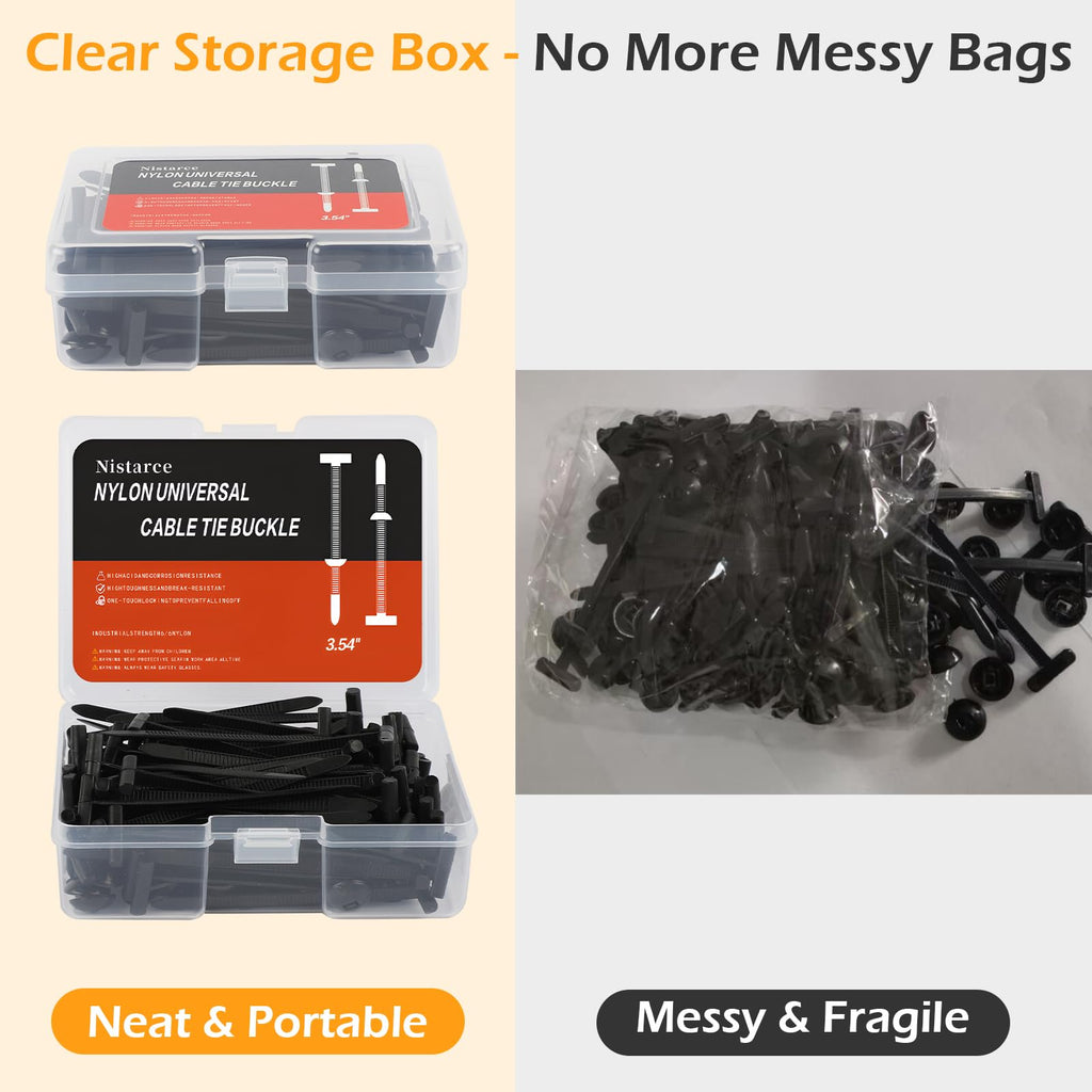 Upgrade Nylon Universal Cable Tie Buckle with Clear Storage Box – Cable Tie Buckle Zip Tie Clips for Car Fender, Engine Cover, Mudguard Fastener, Automotive Replacement Screw Fixing, 100PCS