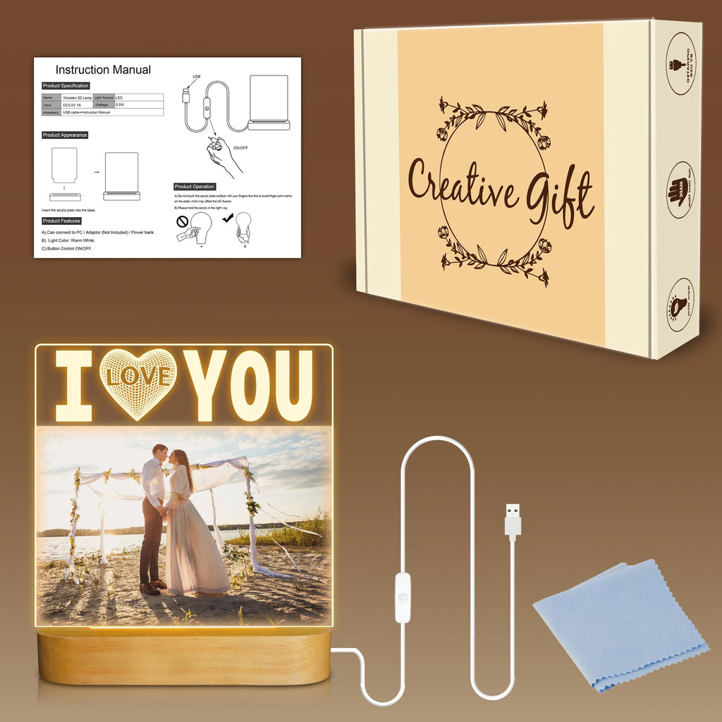 Attivolife I Love You Picture Frame for Women, Light up Photo Frame with LED Night Light, Gifts for Couple Husband Wife Men Wedding Anniversary Present