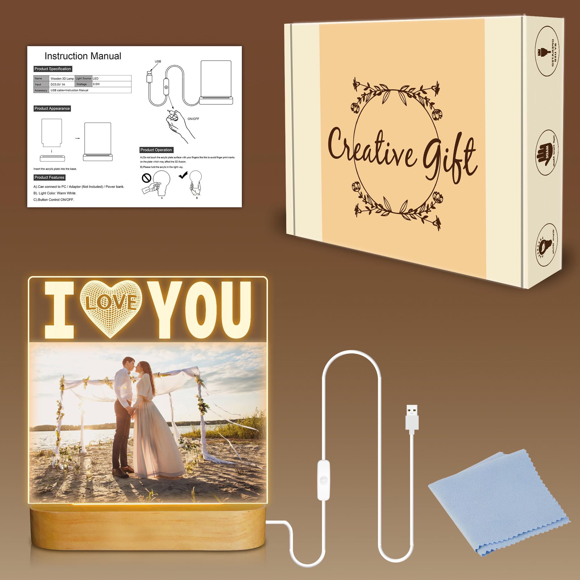 Attivolife I Love You Picture Frame for Women, Light up Photo Frame with LED Night Light, Gifts for Couple Husband Wife Men Wedding Anniversary Present