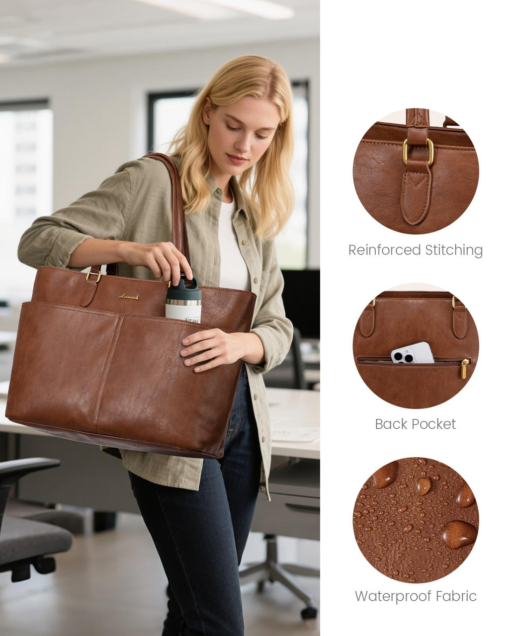 LOVEVOOK 15.6 Inch Laptop Bag for Women, Vintage Leather Work Tote Bags with Large Cup Holder, Teacher Nurse Medical Professional Computer Bag, Office Briefcase Handbag Gift
