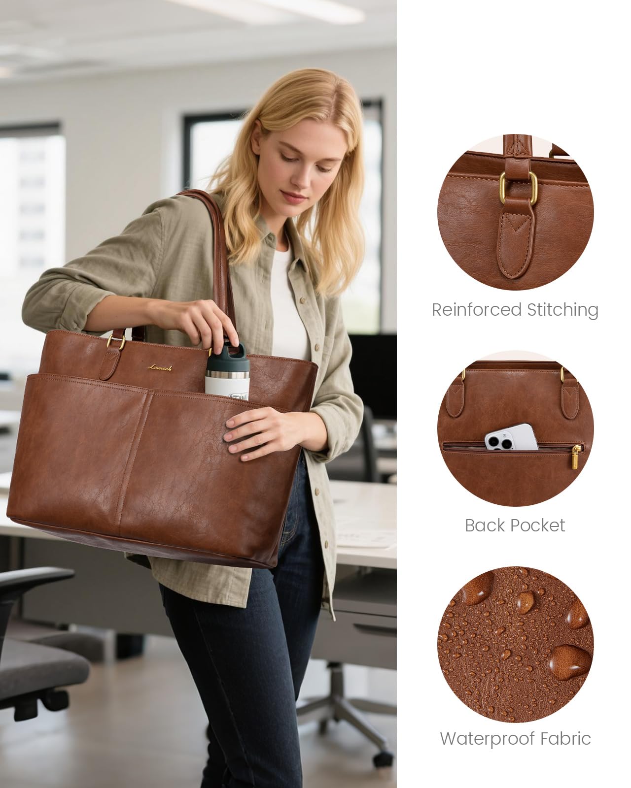LOVEVOOK 15.6 Inch Laptop Bag for Women, Vintage Leather Work Tote Bags with Large Cup Holder, Teacher Nurse Medical Professional Computer Bag, Office Briefcase Handbag Gift