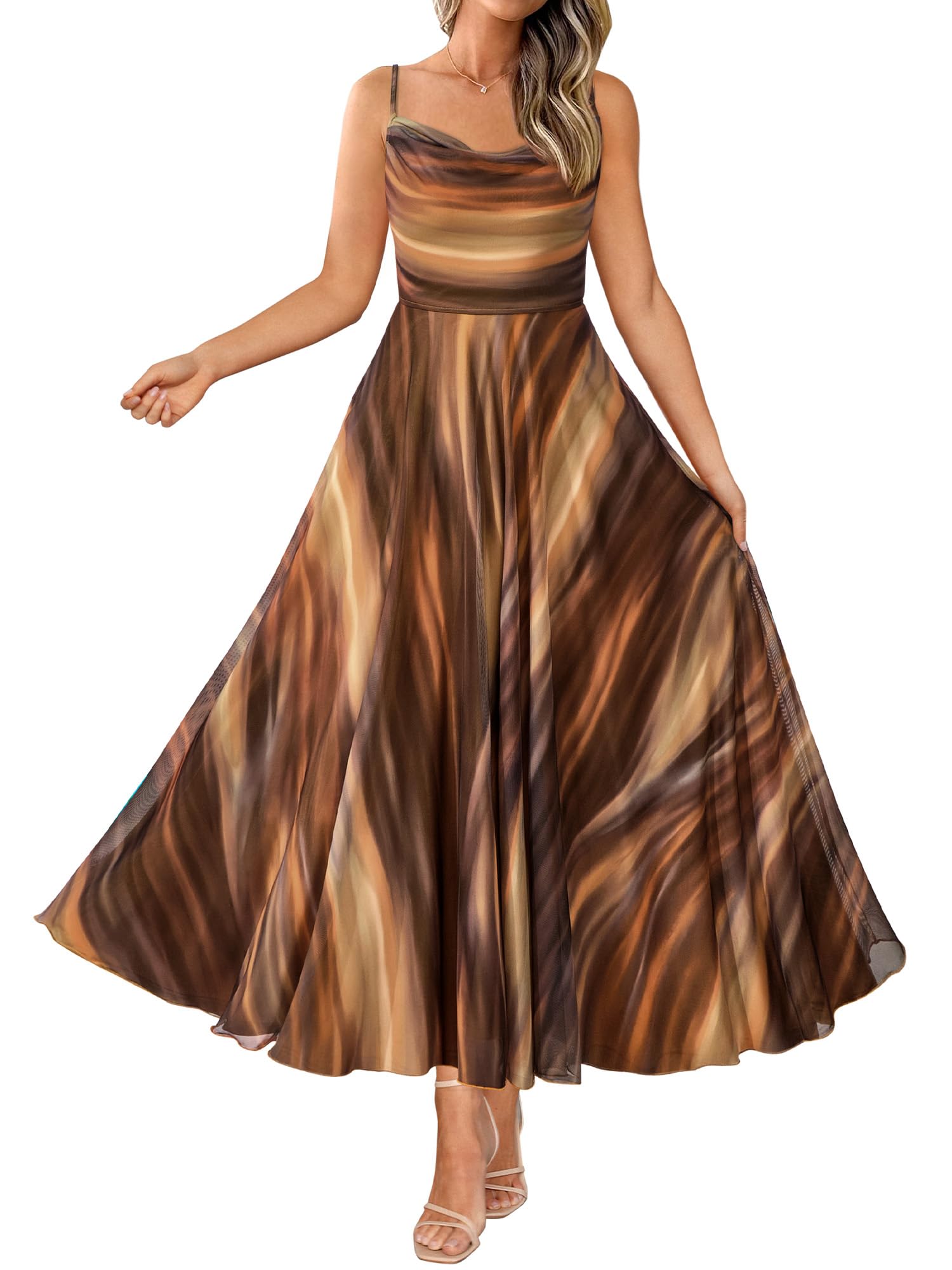 BTFBM Women Summer Floral Maxi Dresses Elegant Spaghetti Strap Dress Printed Party Dress Beach Long Dresses(Floral Brown,X-Large)