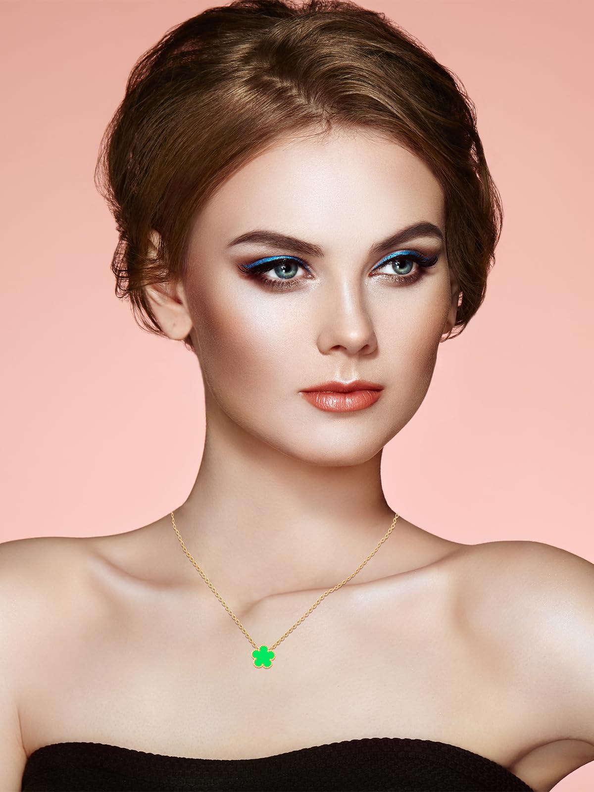 Qinpan 14K Gold Four Leaf Clover Necklaces for Women Lucky Flower Jewelry (Lime Green-14K Gold)