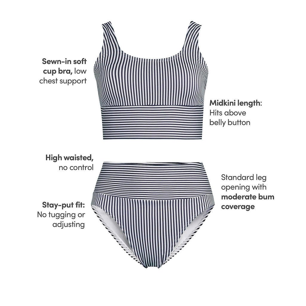 Lands' End Women's Tugless Midkini Top and High Waisted Bottom Swimsuit Set X-Small Deep Sea Navy Mini Stripe