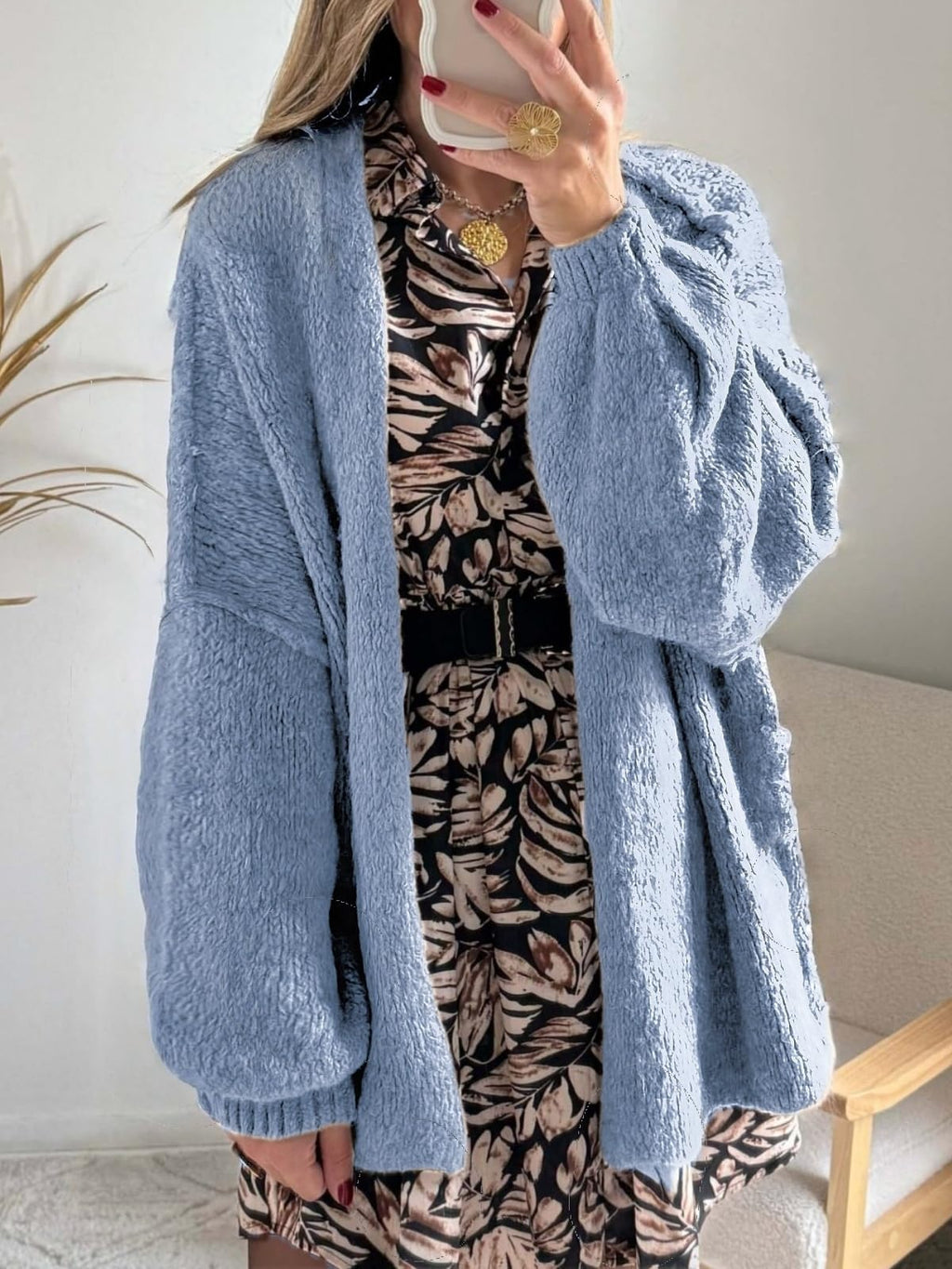 BKBEY Womens Oversized Cardigan Sweaters 2025 Fall Soft Puff Sleeve Cozy Open Front Chunky Sweater Blue