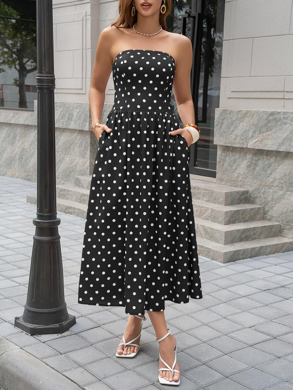 Wenrine Womens Polka Dot Strapless Dress Summer Smocked Tube Top Casual Sleeveless Swing Flowy Maxi Dresses with Pockets