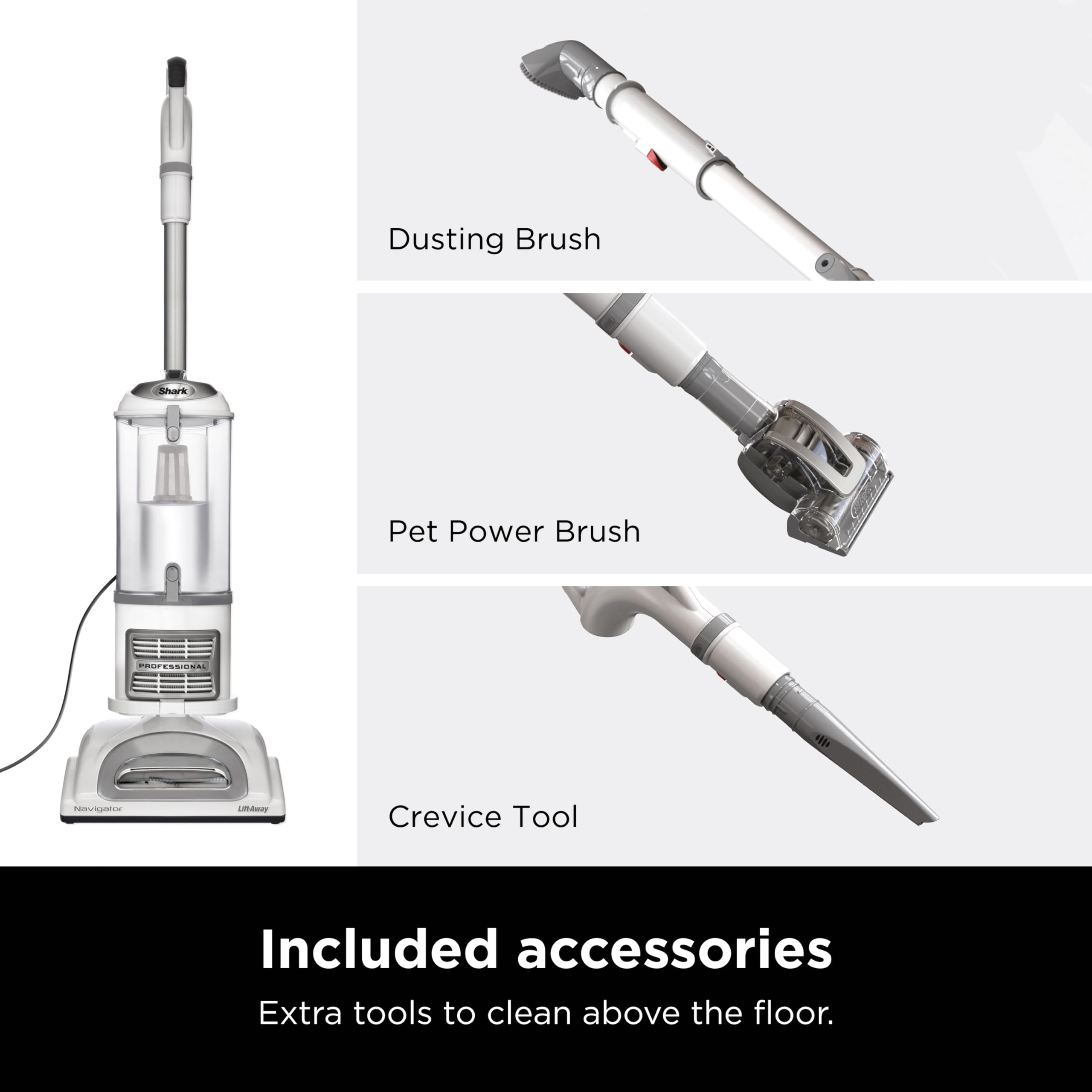Shark | Upright Vacuum Cleaner | Navigator Lift-Away | Swivel Steering | HEPA Filter | Vacuum for Pet Hair | Crevice Tool & Dusting Brush Included | For Carpets & Hard Floors | White/Silver | NV356E