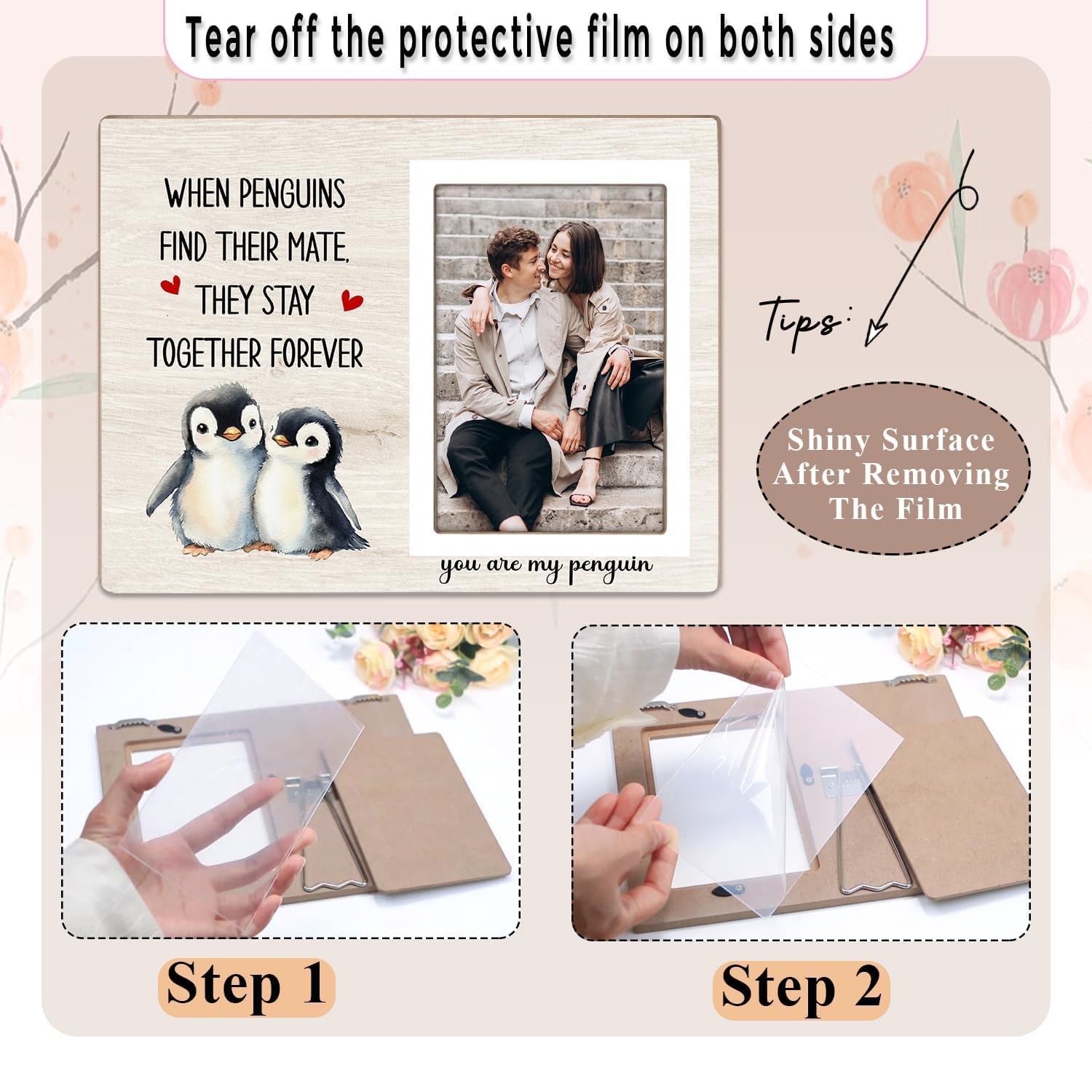 Penguin Photo Frame Gift, Engagement Picture Frame, Wedding Gifts for Couple, Valentine's Gift for Him Her, Anniversary Couple, fits 4x6 Photo, When Penguins Find Their Mate They Stay Together Forever