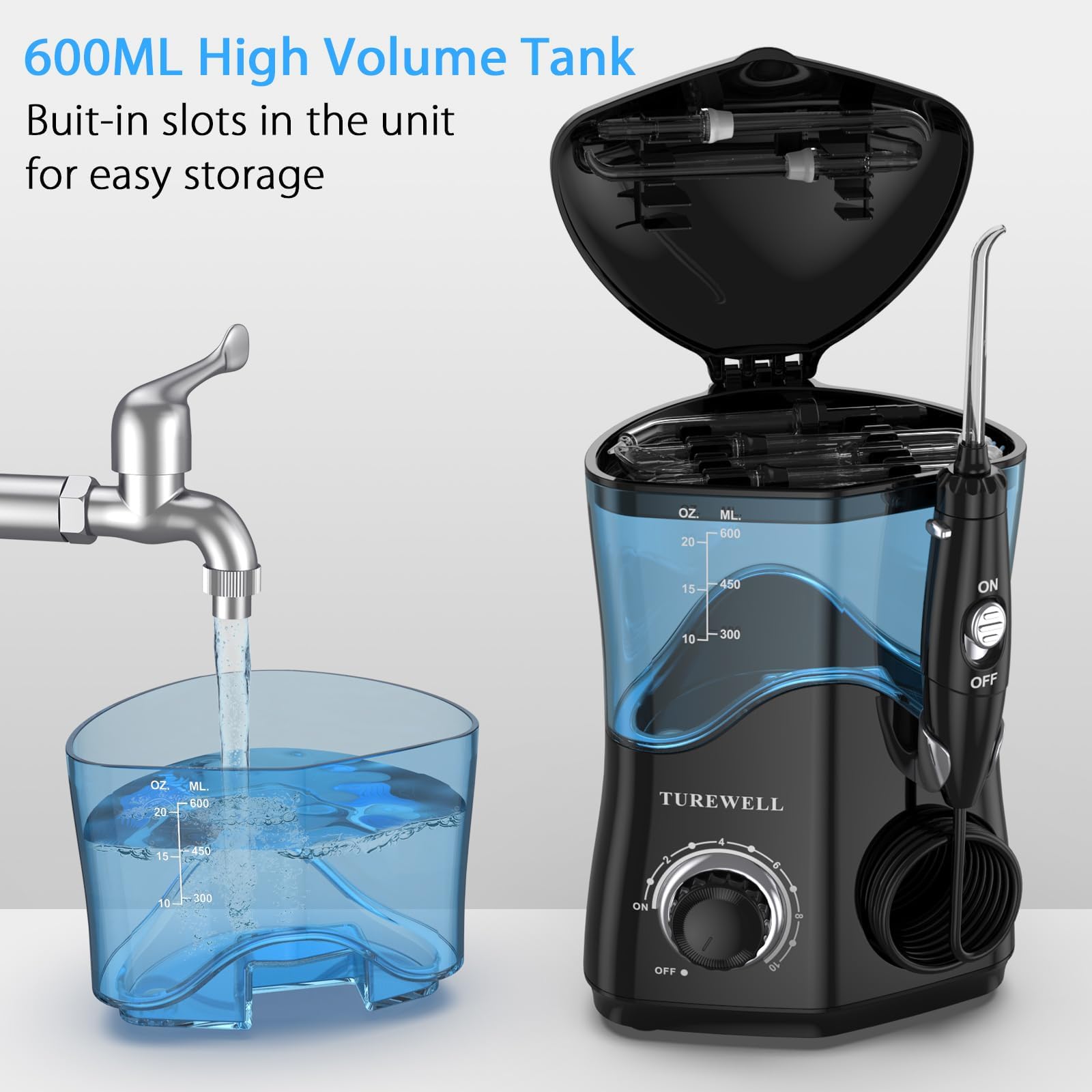 TUREWELL Water Dental Flosser for Teeth/Braces, Water Teeth Cleaner 8 Jet Tips and 10 Pressure Levels, 600ML Large Water Tank Oral Irrigator for Family(Black)