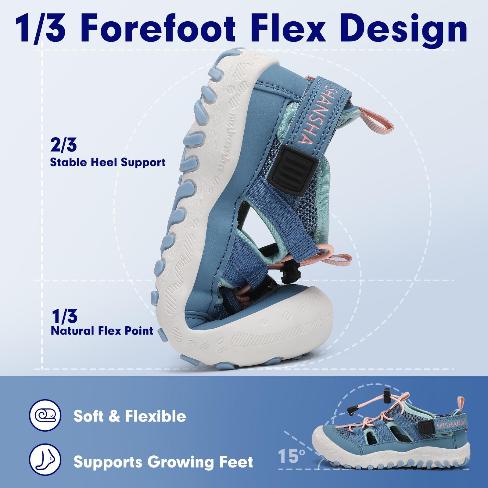Mishansha Kids Outdoor Sport Sandals Closed Toe Adjustable Boys Girls Hiking Sandals Non-Slip Quick-Dry Water Sandal for Little Kid Size 11.5 Sky Blue