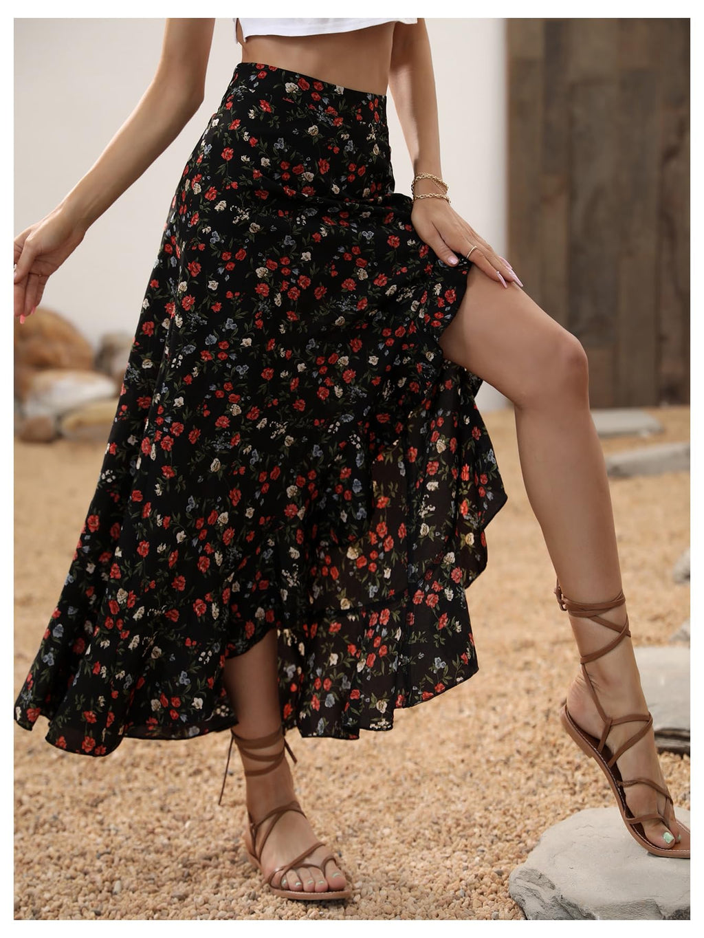 WDIRARA Women's Boho Floral Print Ruffle Maxi Skirt High Waisted Split Long Skirts Multicolor X-Large