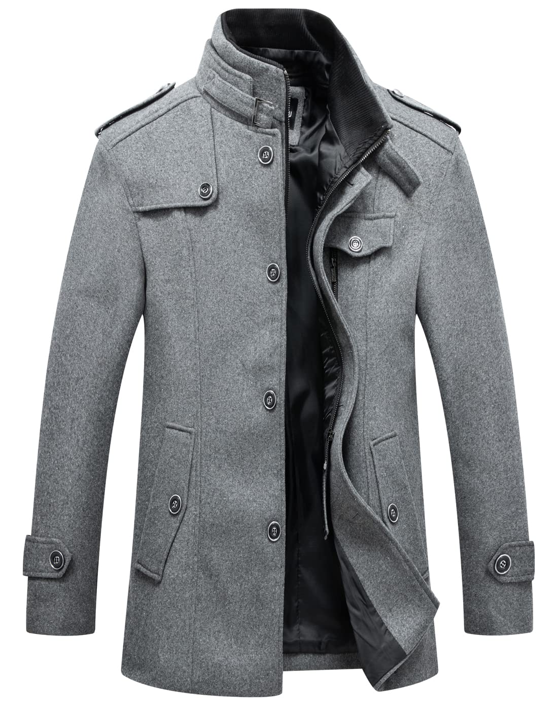 chouyatou Men's Winter Stylish Wool Blend Single Breasted Military Peacoat (Small, Solid-Grey)