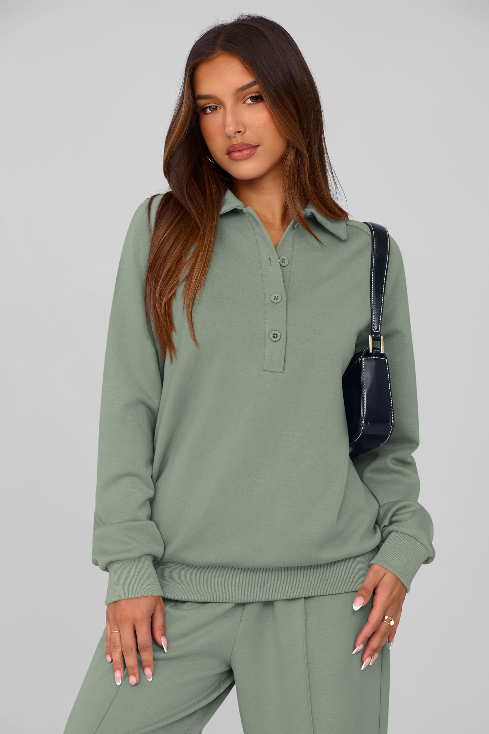 PRETTYGARDEN Women Fall 2 Piece Outfits Sweatsuits Quarter Button Long Sleeve Sweatshirt Wide Leg Pants Tracksuit Lounge Sets(Bean Green,Small)