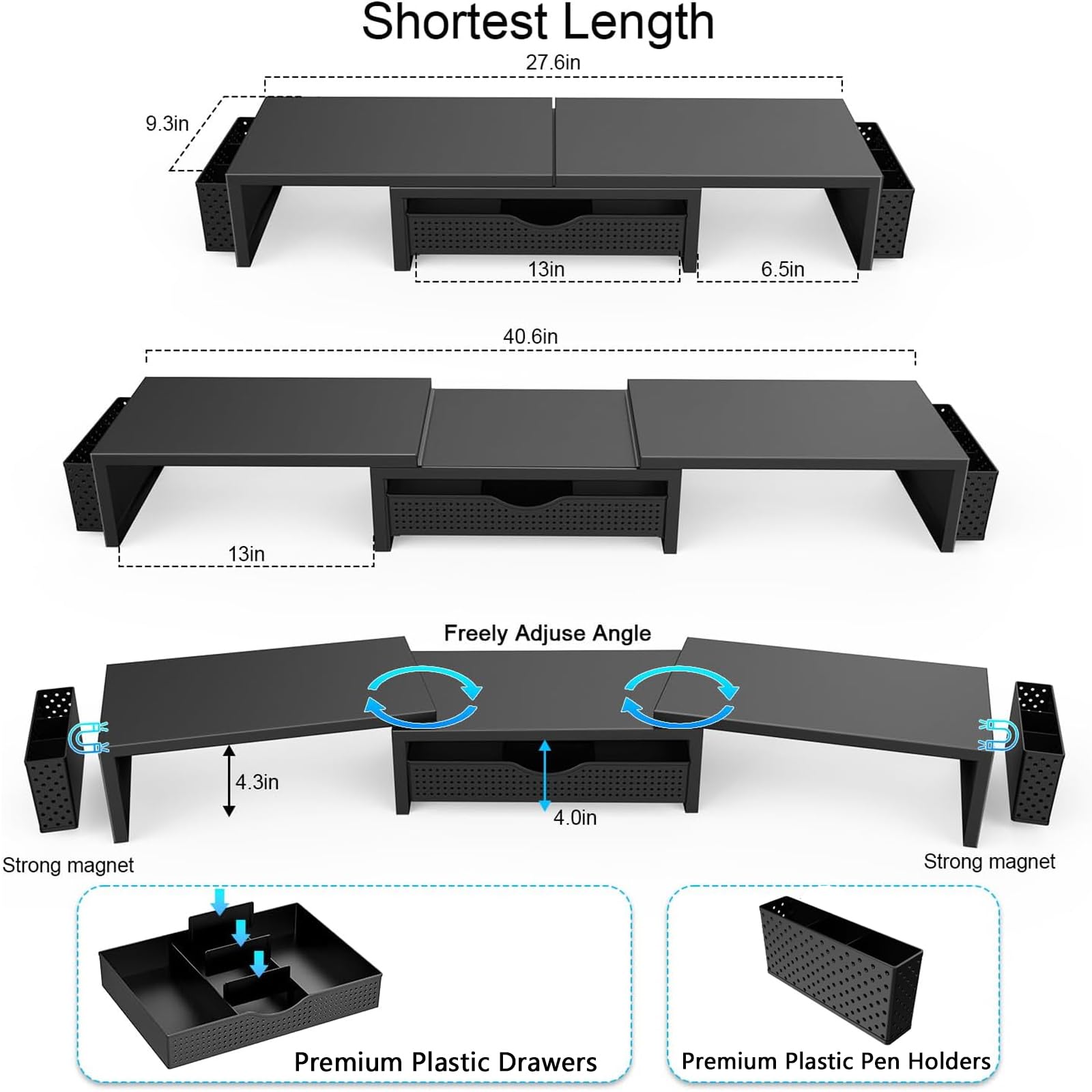 gianotter Dual Monitor Stand Riser, Desk Organizer With Drawer and 2 Pen Holders, Computer Monitor Stand, Shelf for Top of Desk, Black