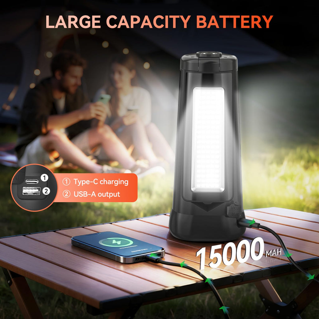 AKOFUN 15000 mAh Rechargeable Camping Light with Stand, Cordless Work Light with 3 LED Lamp Heads, 5500 Lumens Dimmable Camping Essentials Gear Emergency Flashlight with 86" Detachable Tripod, Black