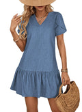 Dokotoo Wedding Guest Dresses for Women Short Sleeve V Neck Lightweight Denim Dress Spring Summer Casual Flowy Ruffle Hem Going Out A-Line Swing Babydoll Jean Dress Boho Sundresses Sky Blue X-Large