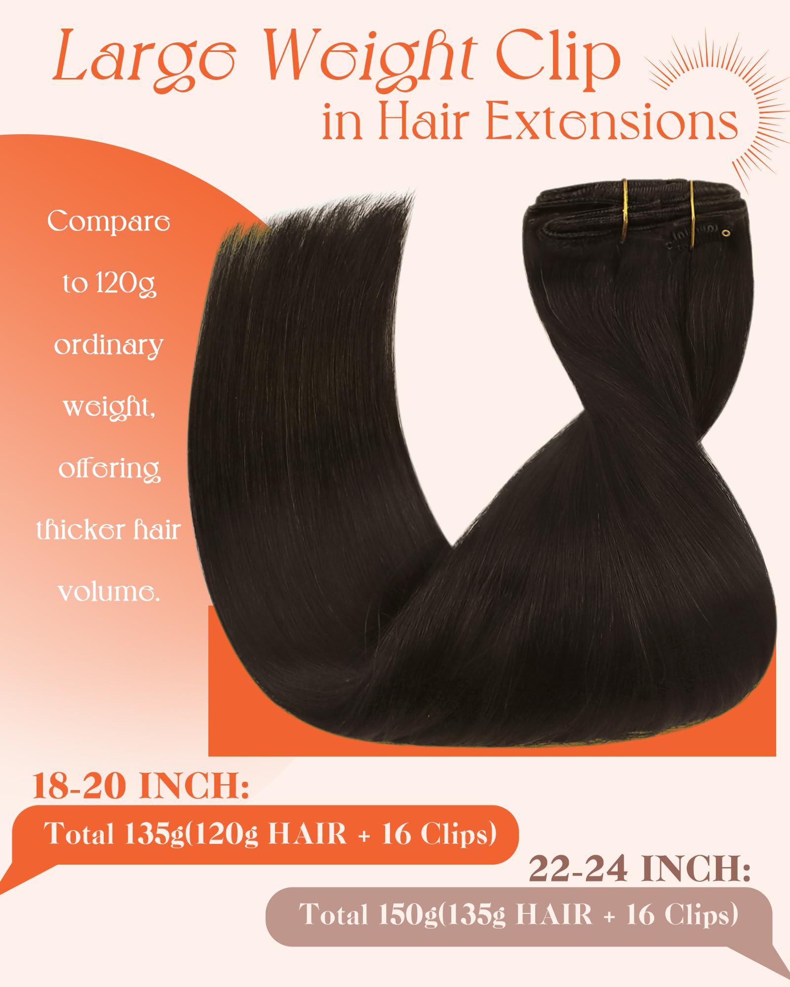 Sunny Hair Clip in Hair Extensions Real Human Hair Double Weft Remy Hair Clip in Extensions Human Hair for Women Full Head Dark Brown 24 inch