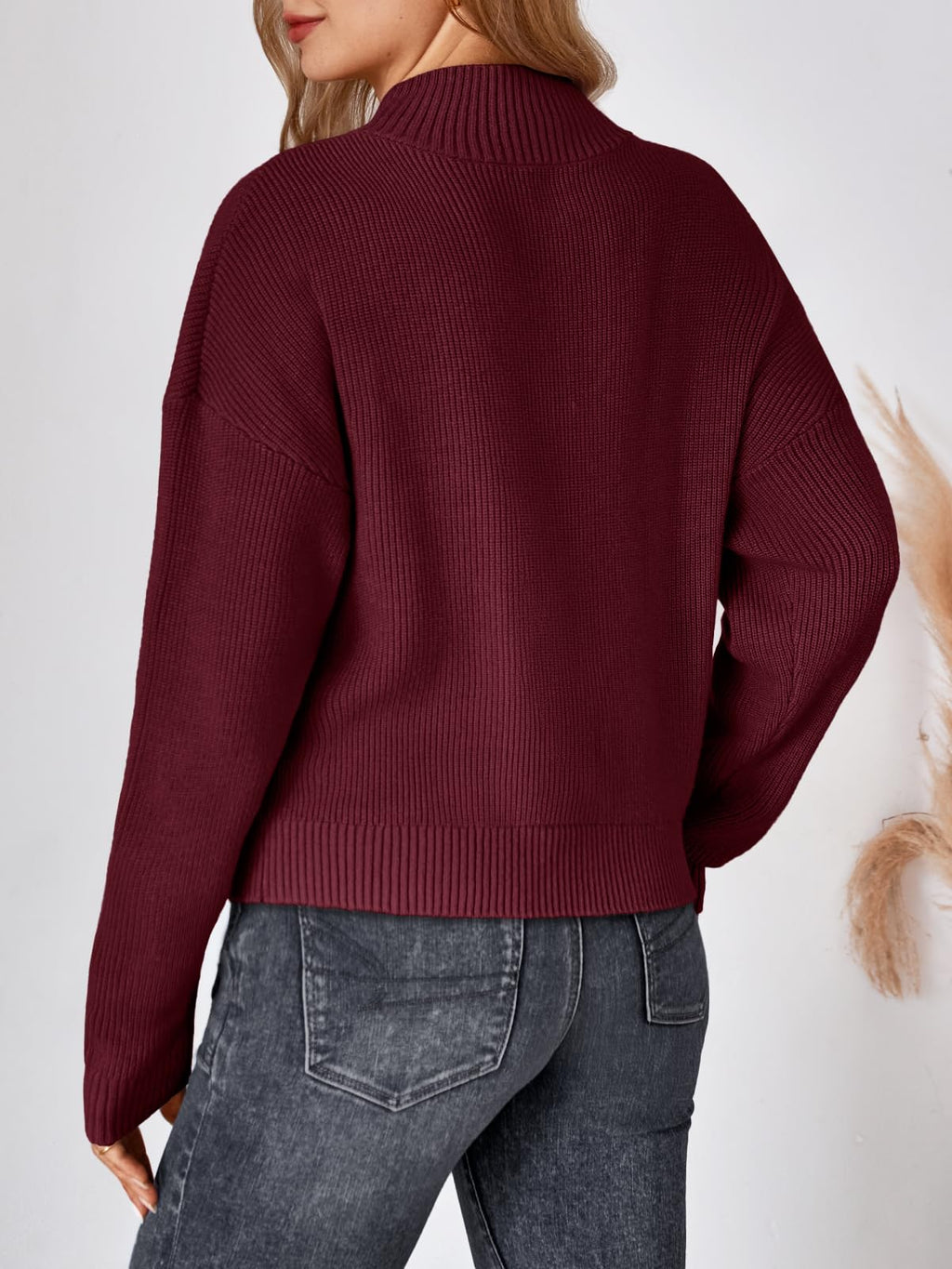 LILLUSORY Womens Turtleneck Mock Cropped Sweaters Winter Cute Oversized Knit Trendy Tops Fashion Long Sleeve Fall Clothes Wine S