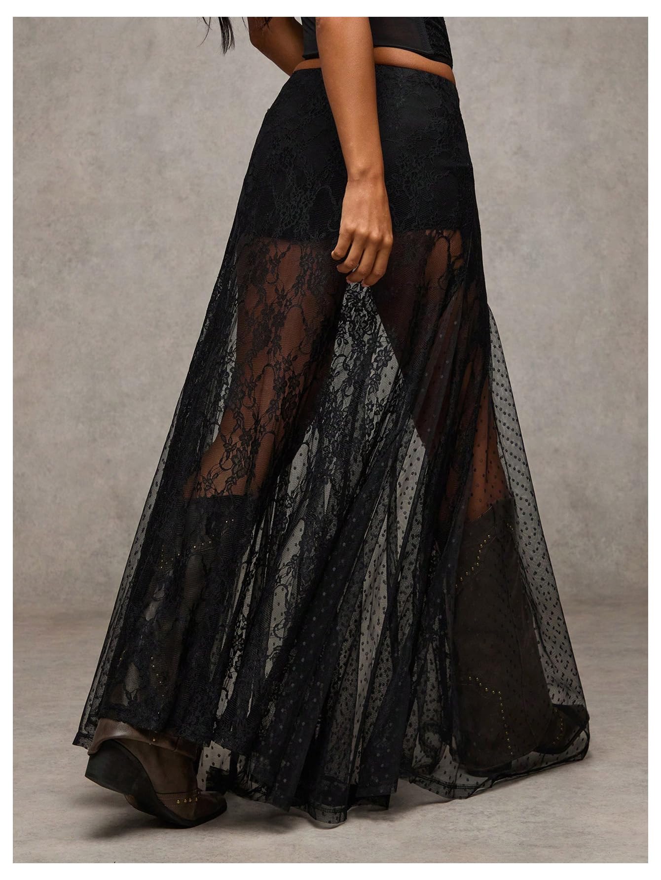 WDIRARA Women's Sexy See Through Sheer Lace Maxi Skirt Low Waist Ruffle Hem A Line Flowy Skirt Black X-Small
