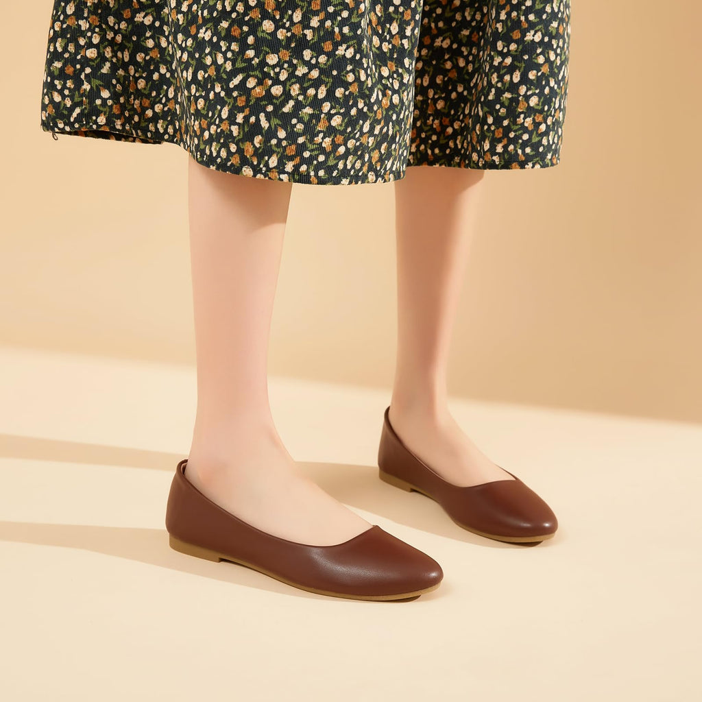 hash bubbie Women's Flats Shoes Ballet Flats Dress Shoes Comfortable PU Leather Slip on Shoes for Women(Brown.US6)