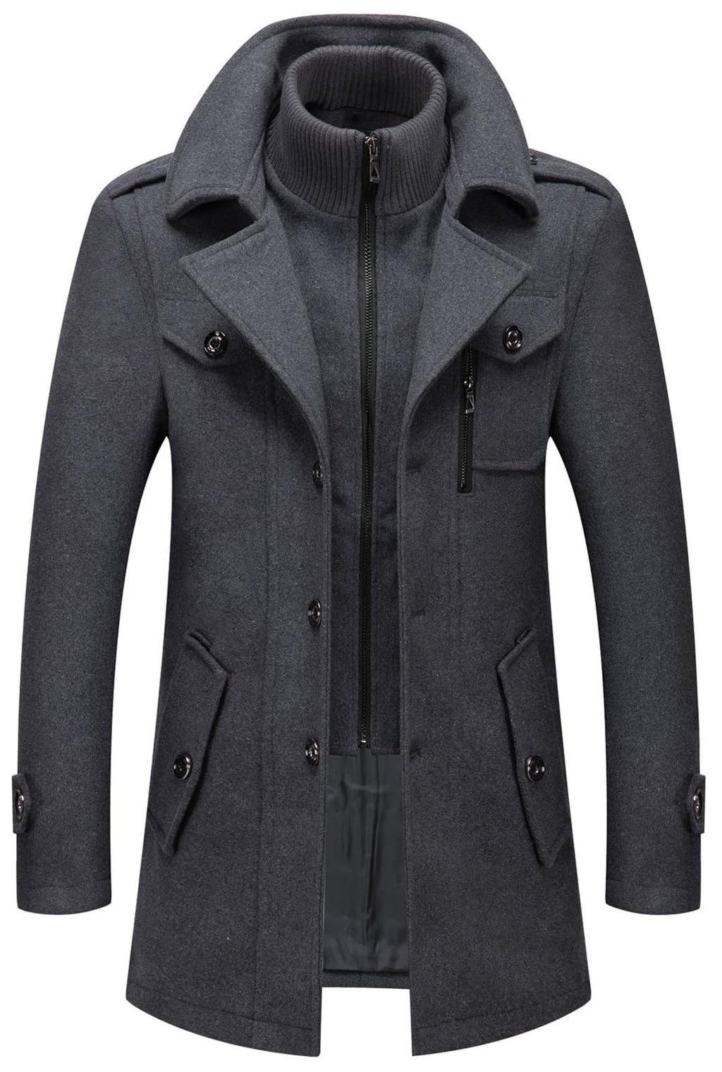 CHARTOU Men's Thermal Single Breasted Wool Blend Coat Business Peacoat with Detachable Zipper (Large,Grey)