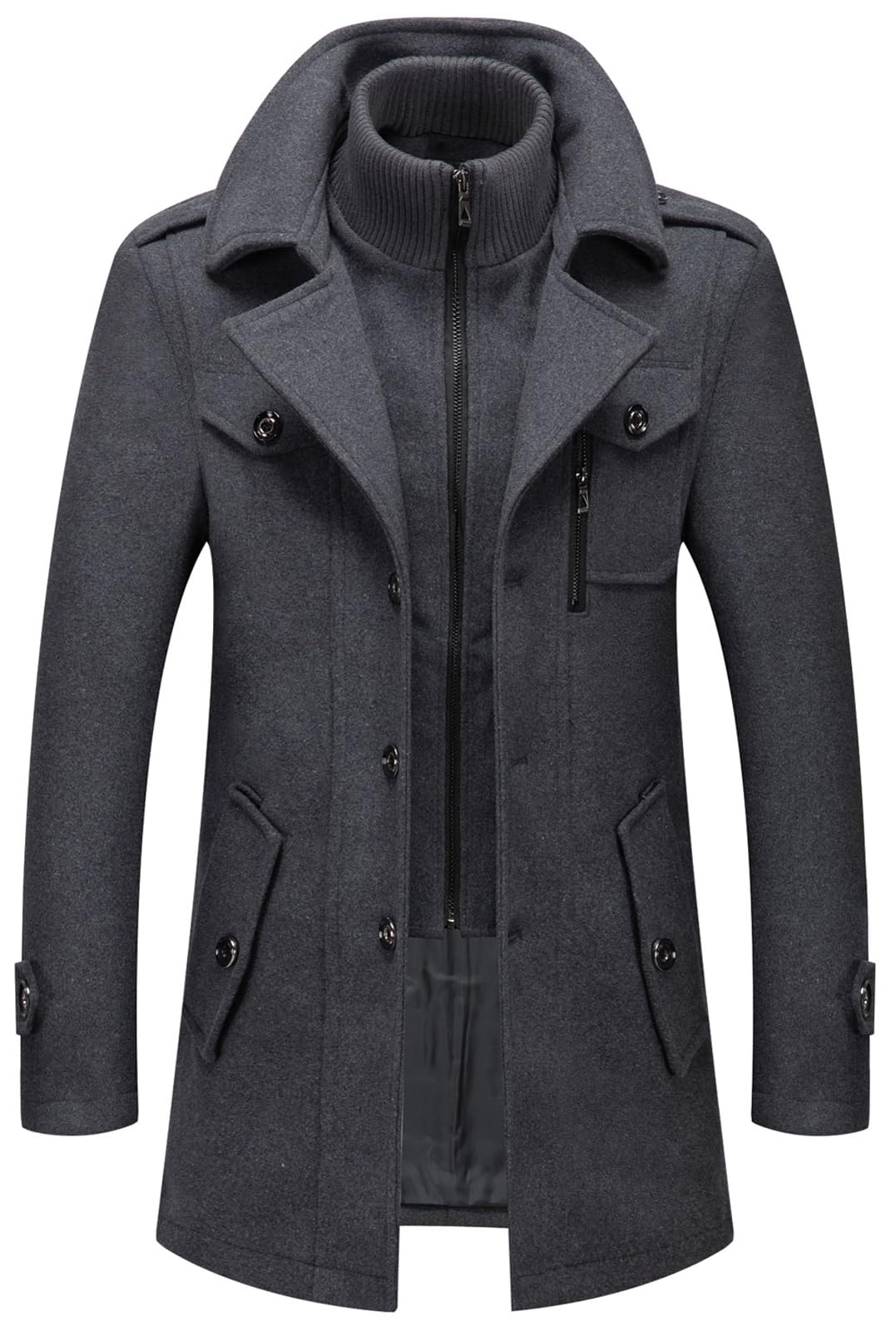 CHARTOU Men's Thermal Single Breasted Wool Blend Coat Business Peacoat with Detachable Zipper (Large,Grey)