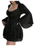 Floerns Women's Plus Size Floral Gothic Dress Flare Long Sleeve Mesh Grunge A Line Dress Black X-Large Plus
