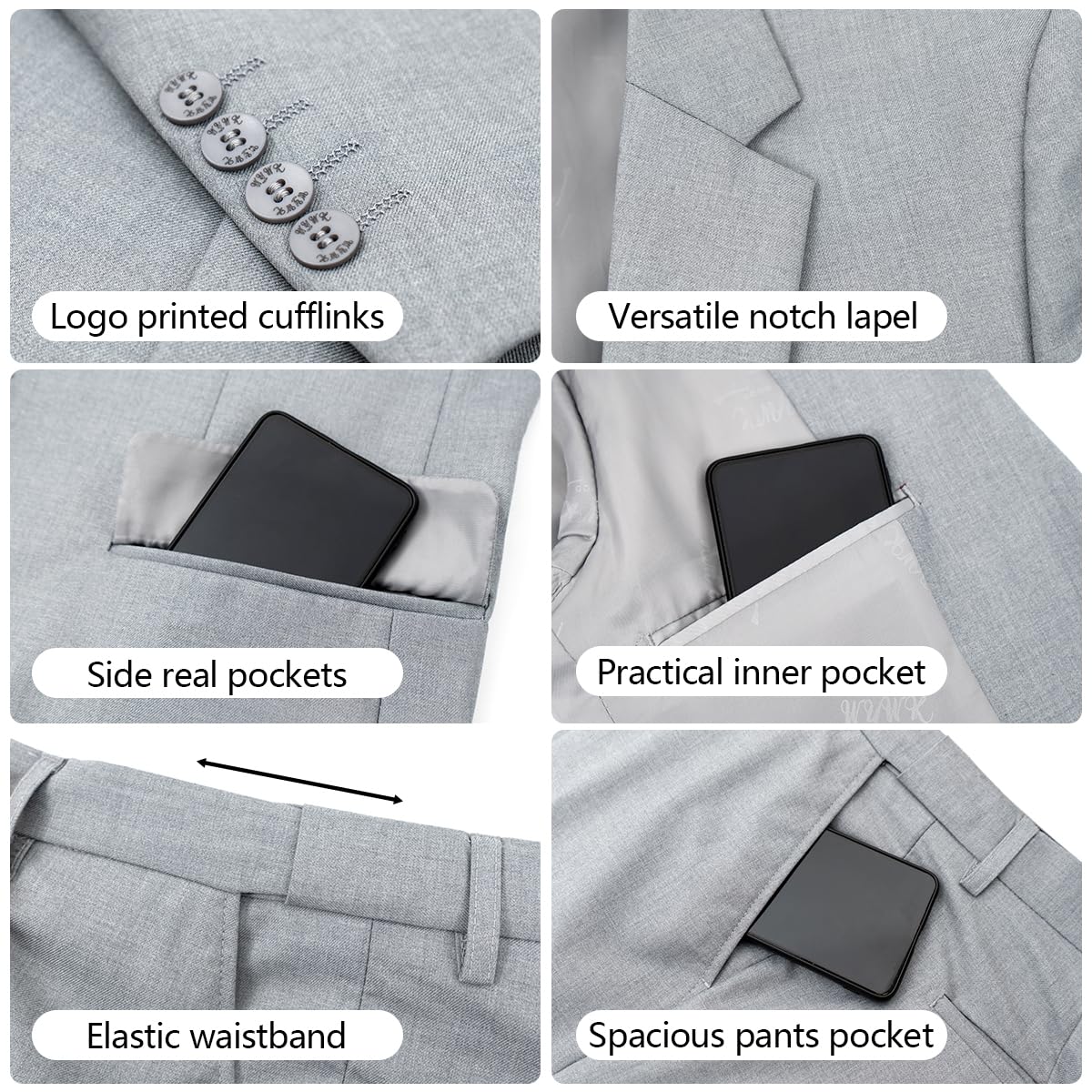 Men's 3-Piece Slim Fit Suit with Bow Tie, Single Button Blazer Vest Pants Set for Wedding Business, Formal Suit for Men Blue Grey