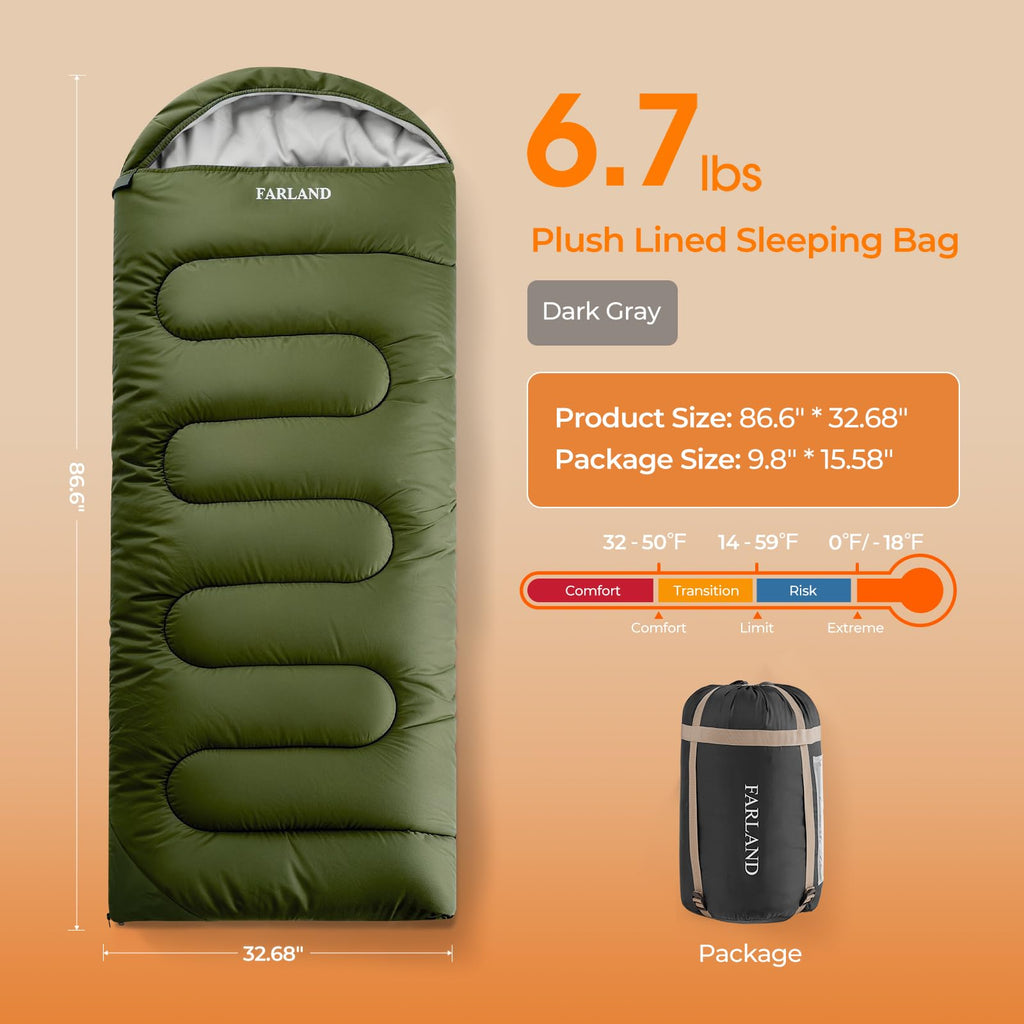 FARLAND Sleeping Bag for Adults, Cold Weather & Warm Plush Fleece-Lined Interior - Portable Waterproof Windproof with Compression Sack for Camping, Car Camping, Truck/Van, Traveling, Indoor & Outdoor