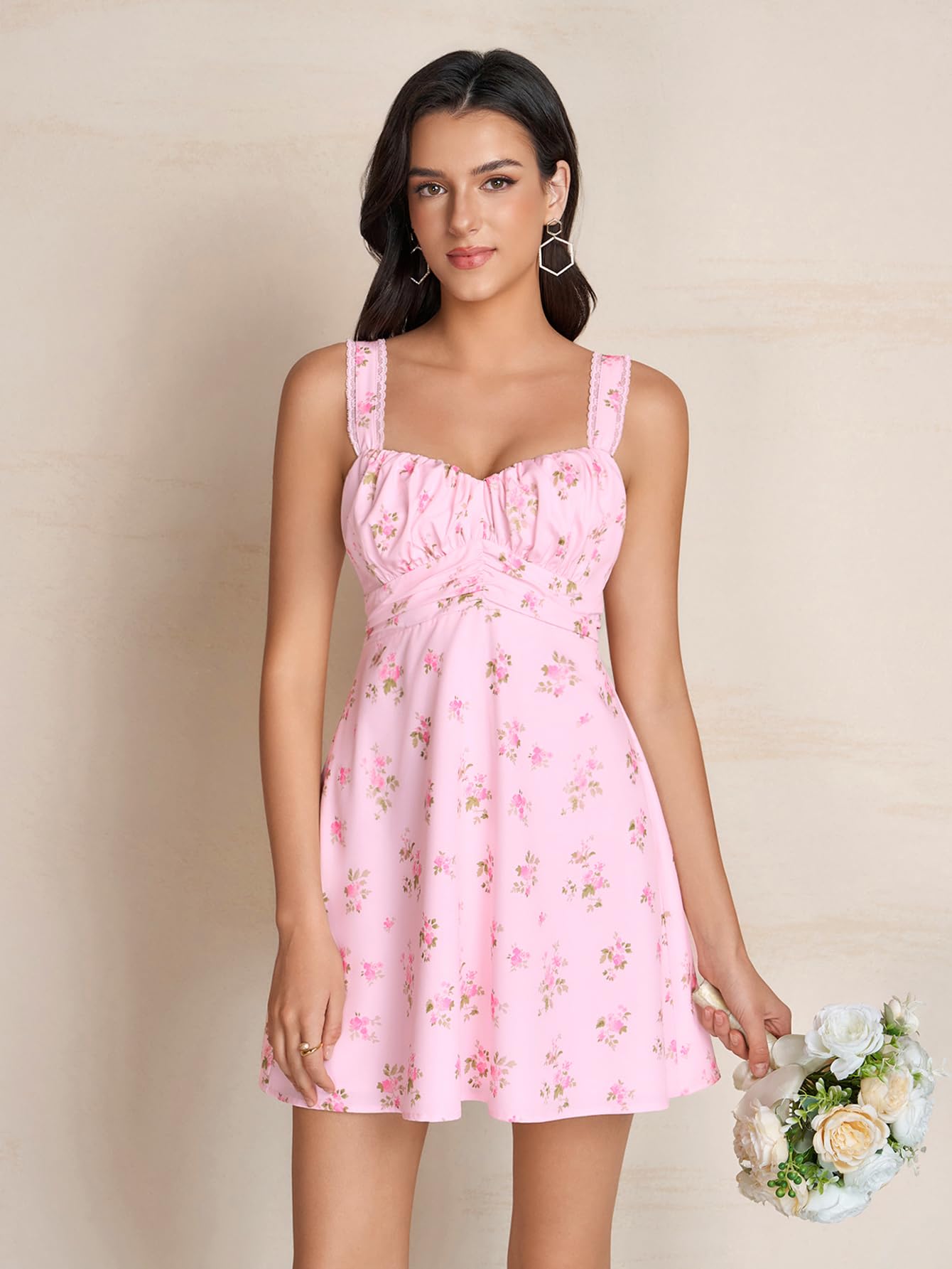 KUTUMAI Cute Bow Tie Mini Dress Lace Floral Corset Short Graduation Dresses for Women 2026 Summer PinkFloral XS