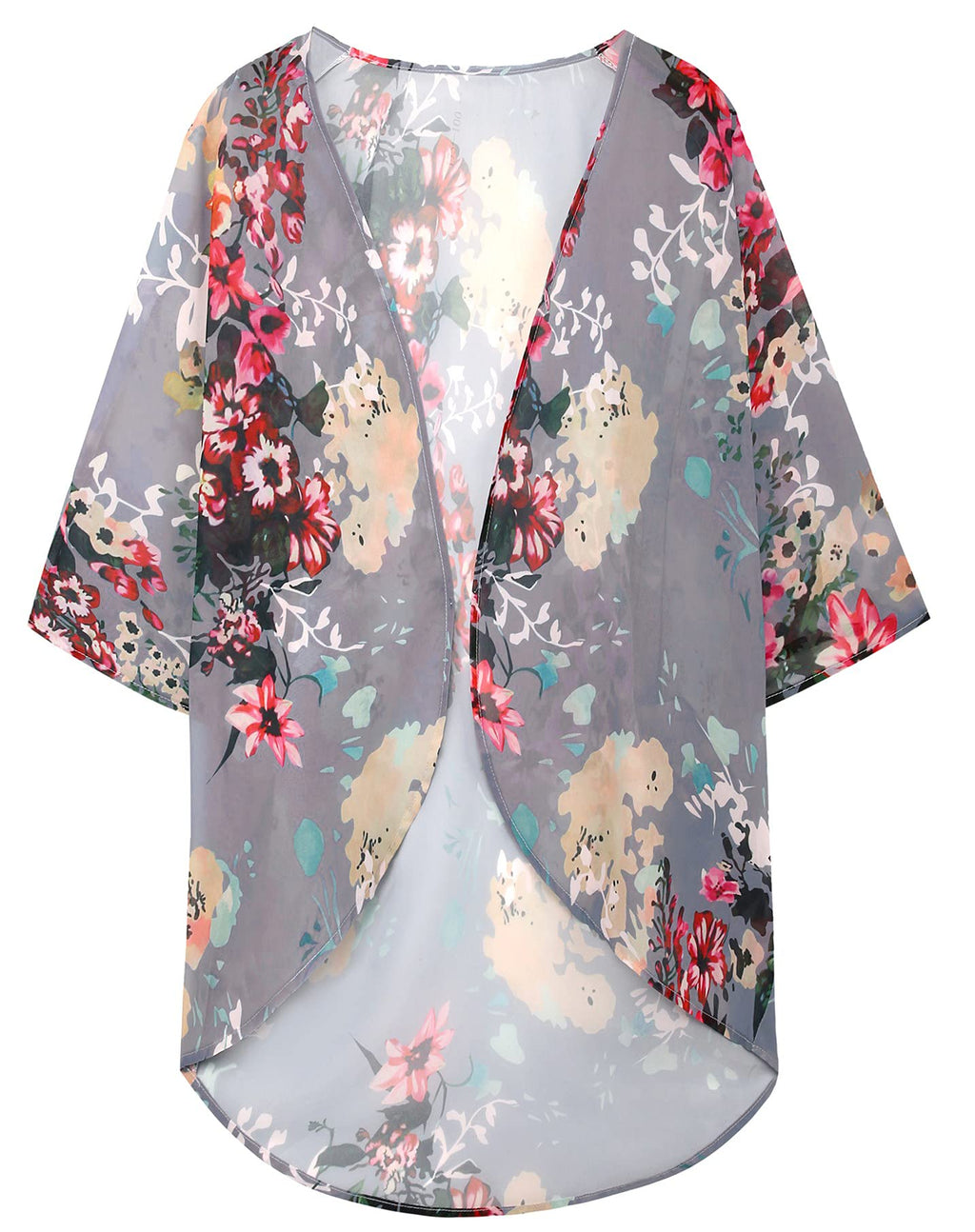 Women's Floral Print Puff Sleeve Kimono Cardigan Loose Cover Up Casual Blouse Tops(Dark grey,L)