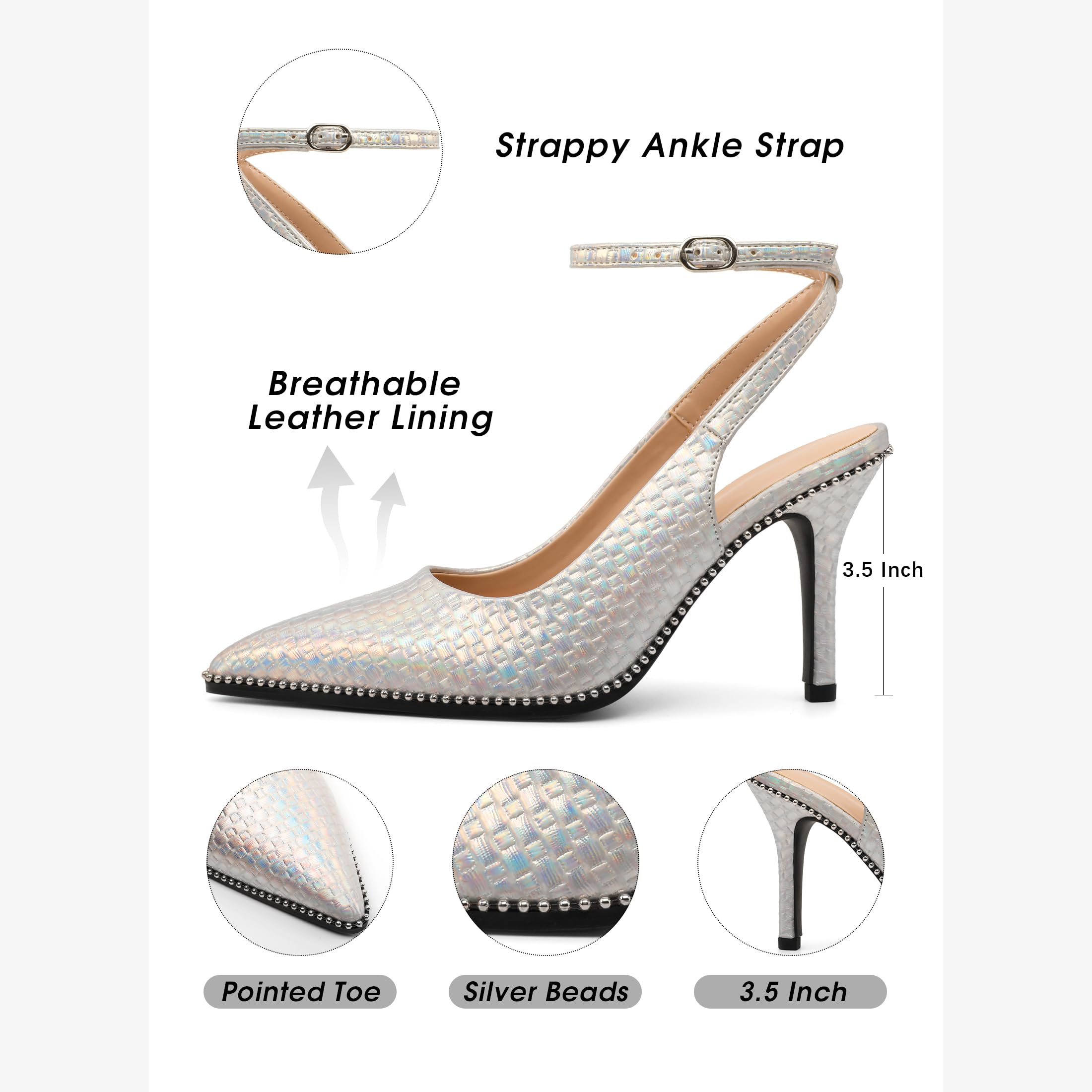 Soireelady Silver Ankle Strap Heels Beaded Slingback Pumps Pointed Toe Stilettos High Heels Dress Shoes 3.5 Inches Silver Sparkly US Size 8