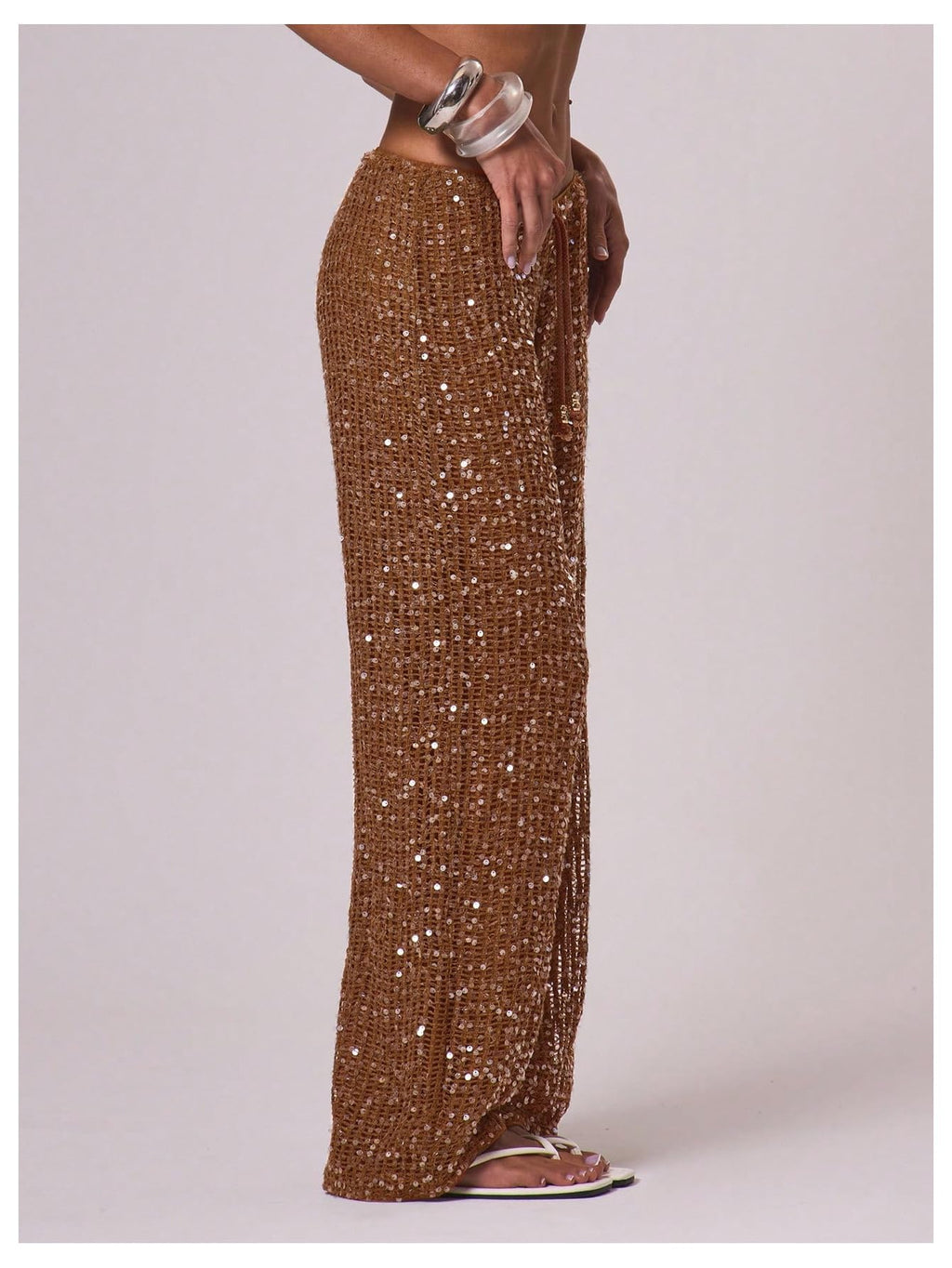 WDIRARA Women's Sequin Crochet Cover Up Pants Hollow Out Beach Pants Swimwear Rust Brown Medium