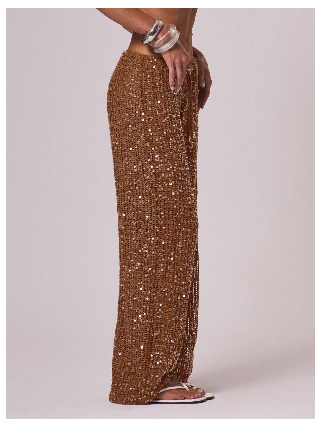 WDIRARA Women's Sequin Crochet Cover Up Pants Hollow Out Beach Pants Swimwear Rust Brown Medium
