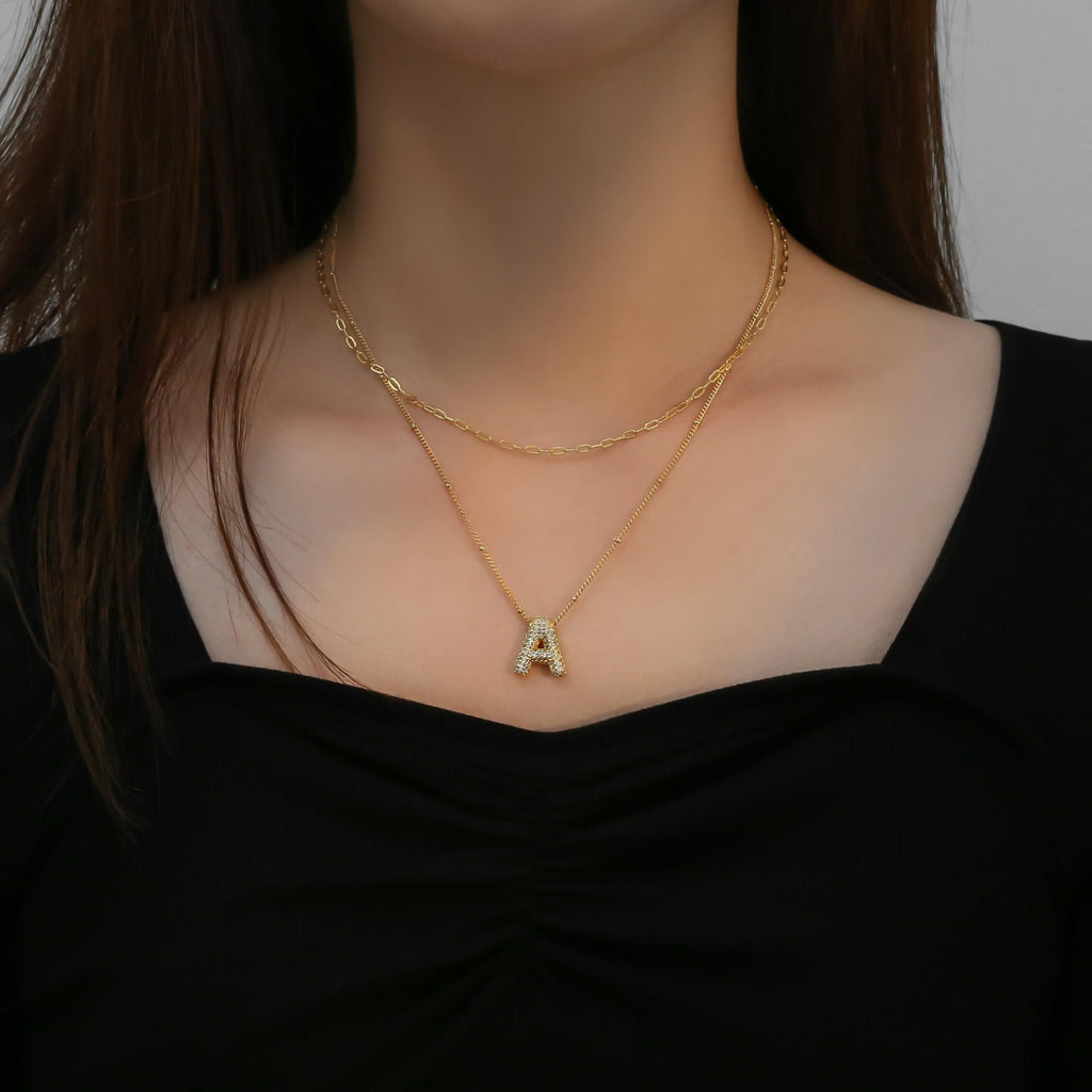 Tasunom Double Layer Initial Necklace, 14K Gold Plated, CZ Crystal Letter Pendant, A-Z Available (T, gold)