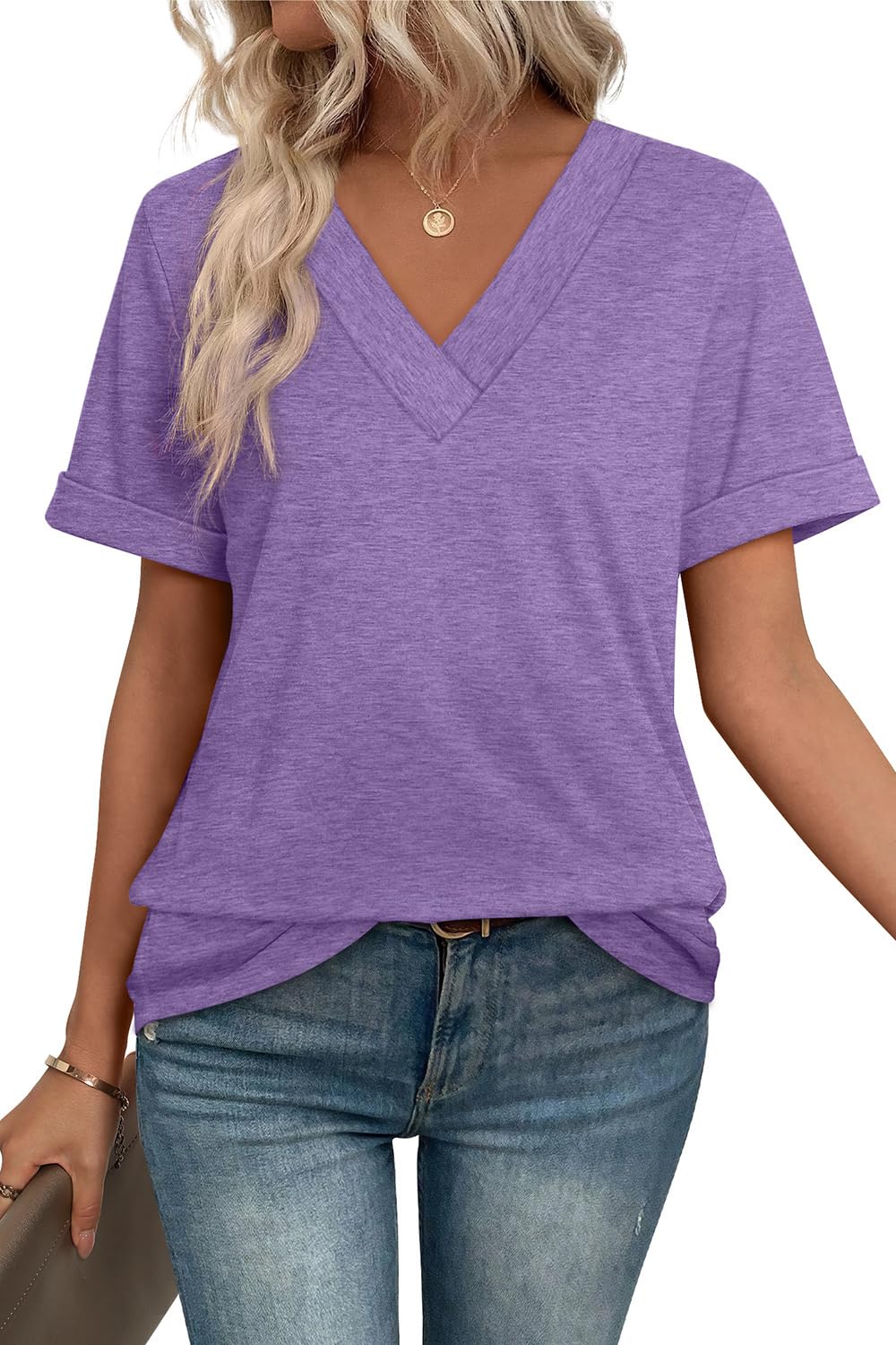WIHOLL Womens Summer Tops Short Sleeve Casual V Neck T Shirts Loose Fit Trendy Fashion Travel Outfits Solid Color Purple XXL