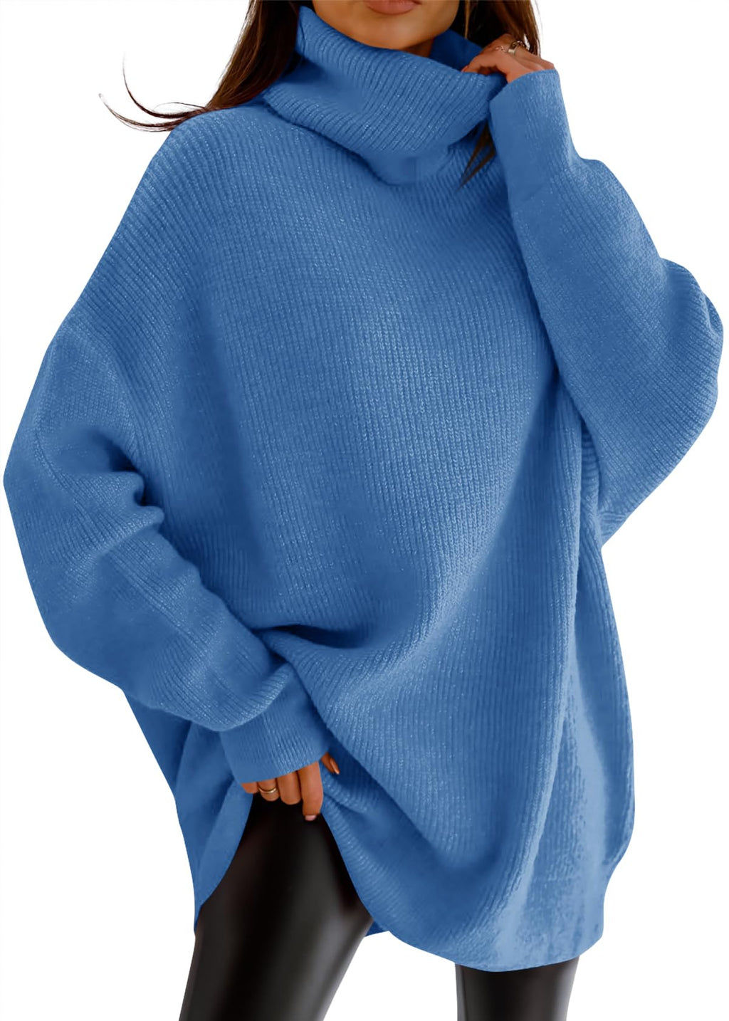 imesrun Womens Turtleneck Oversized Sweater Batwing Chunky Pullover Sweater Casual Fall Loose Knit Jumper Top Blue