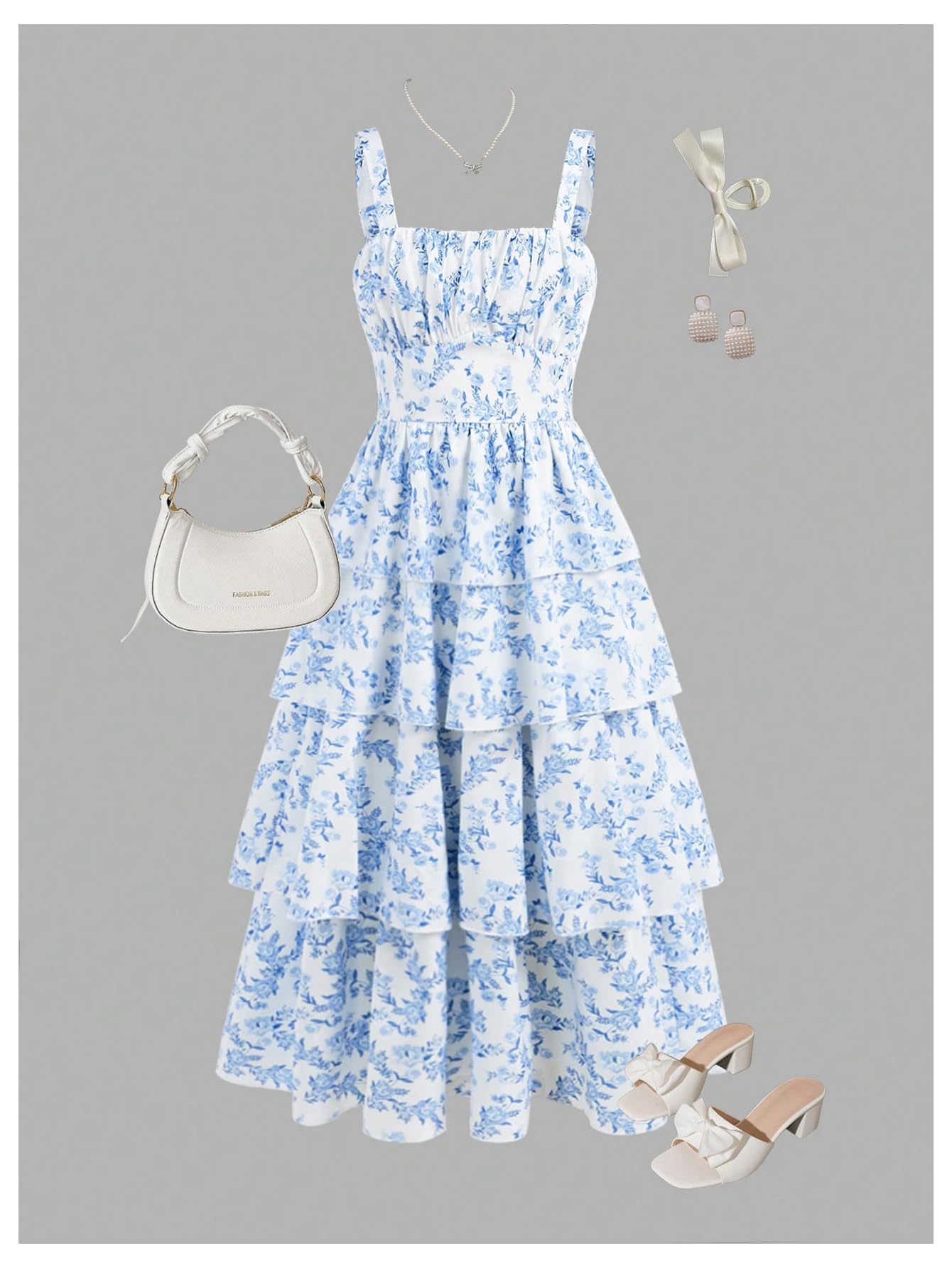 Verdusa Girl's Floral Layered Long Dress Tiered Sleeveless Tank Dress Spring Outfits Blue 9 Years
