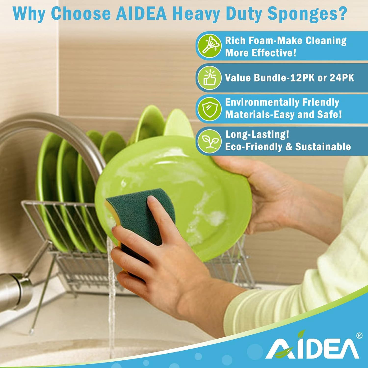 AIDEA Sponges Kitchen, 50 Pack Heavy Duty Dish Sponge, Cleaning Dish Scrubber for Home and Kitchen, Stink-Free Cleaning Supplies for Pots, Pans