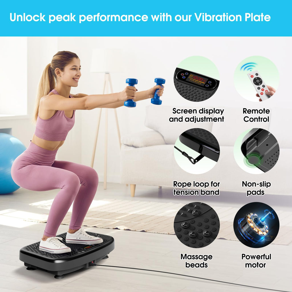 SoftGym Vibration Plate Exercise Machine for Lymphatic Drainage,Power Vibrate Stand Shake Board 450 Lbs Capacity Whole Body Workout Waver with Resistance Bands Weight Loss Gifts for Women Men-Black