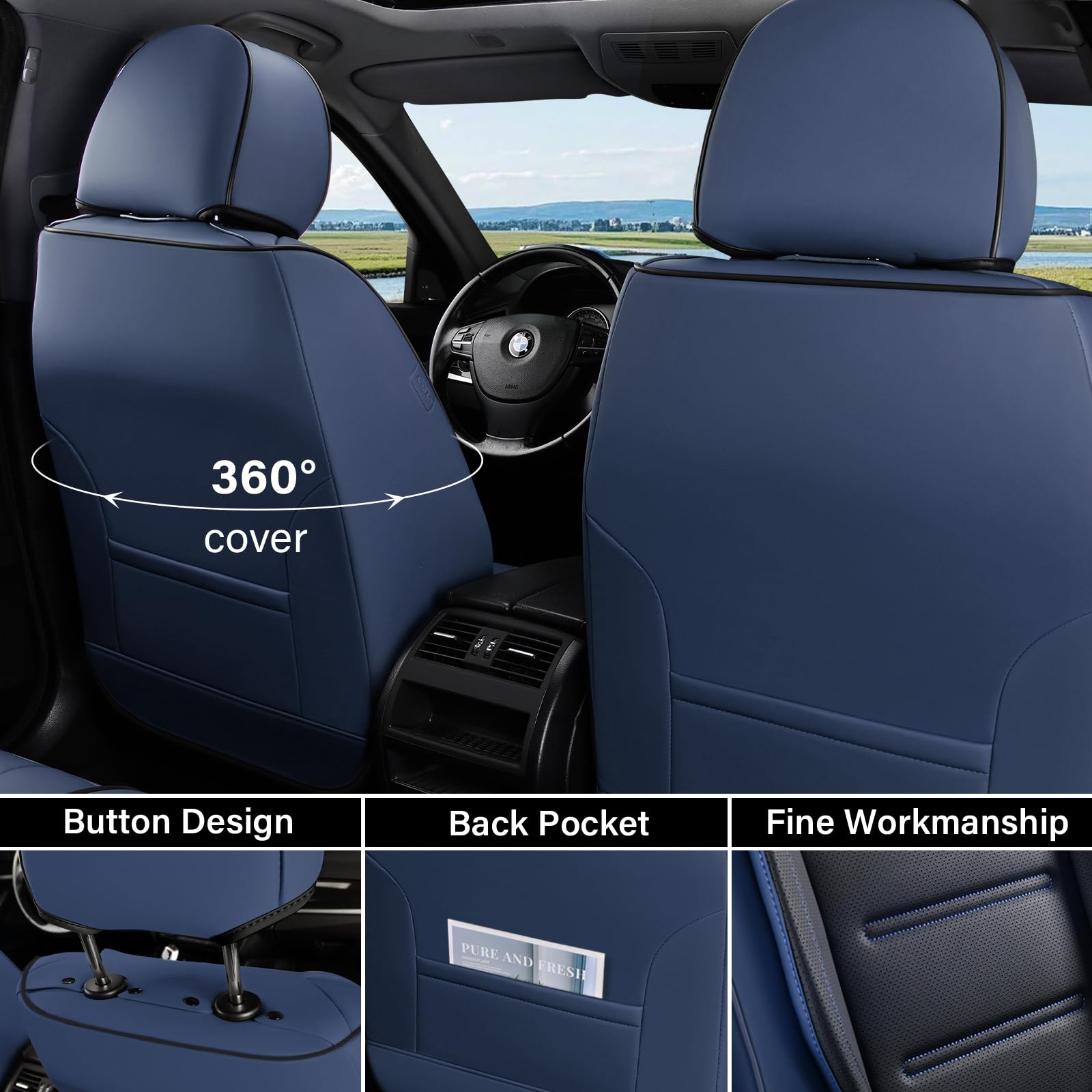 Coverado Car Seat Covers, Front Covers for Cars, Car Seat Cover Front Seats, Car Seat Protector Waterproof, Leather Car Seat Cushion, Universal Interior Covers Seat Protectors for Most Cars Blue