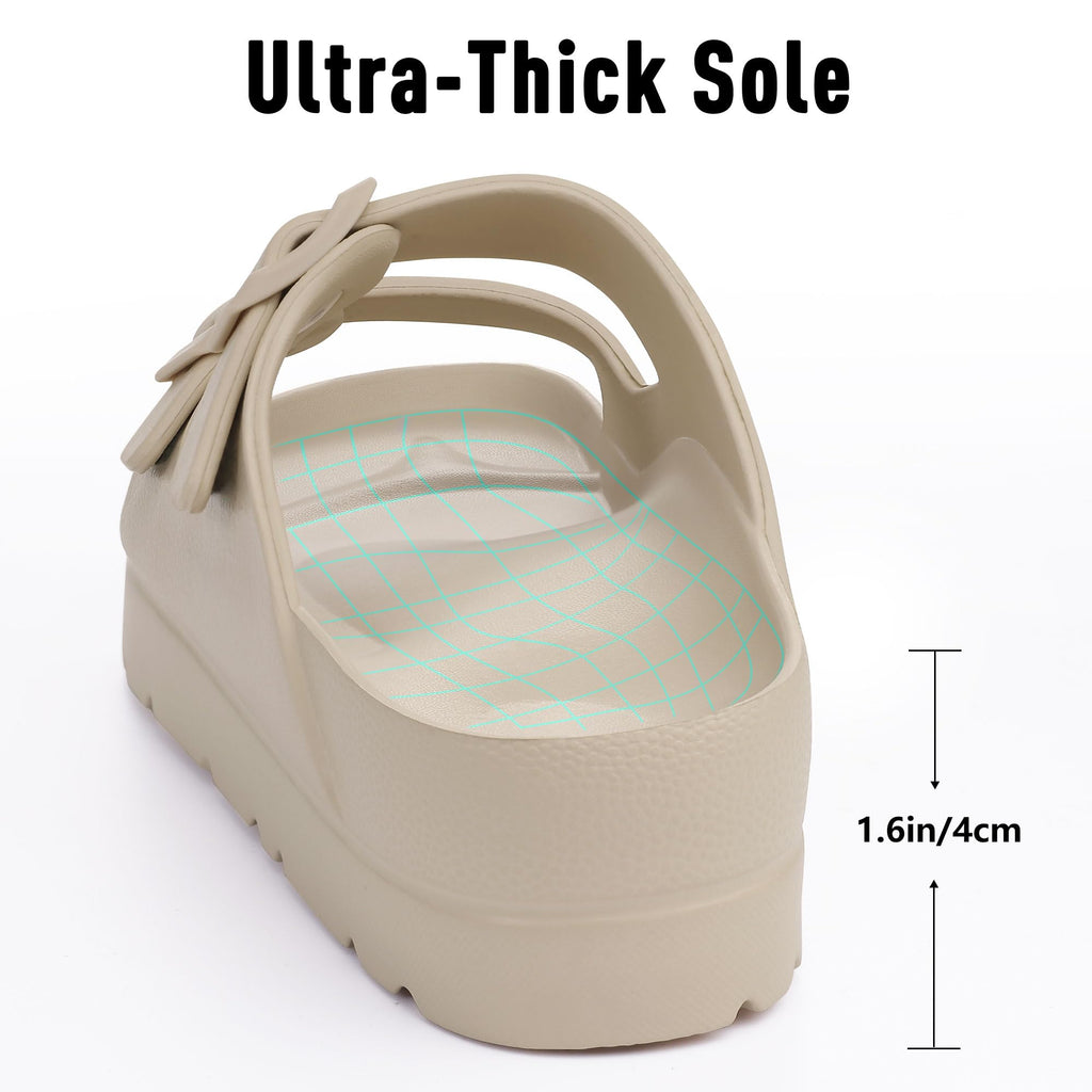 Goosecret Women's Platform Sandals with Arch Support Chunky Lightweight Foam Slip on Slides Comfortable Summer Beach Sandals with Adjustable Buckle Nude, 39(size 8-8.5)