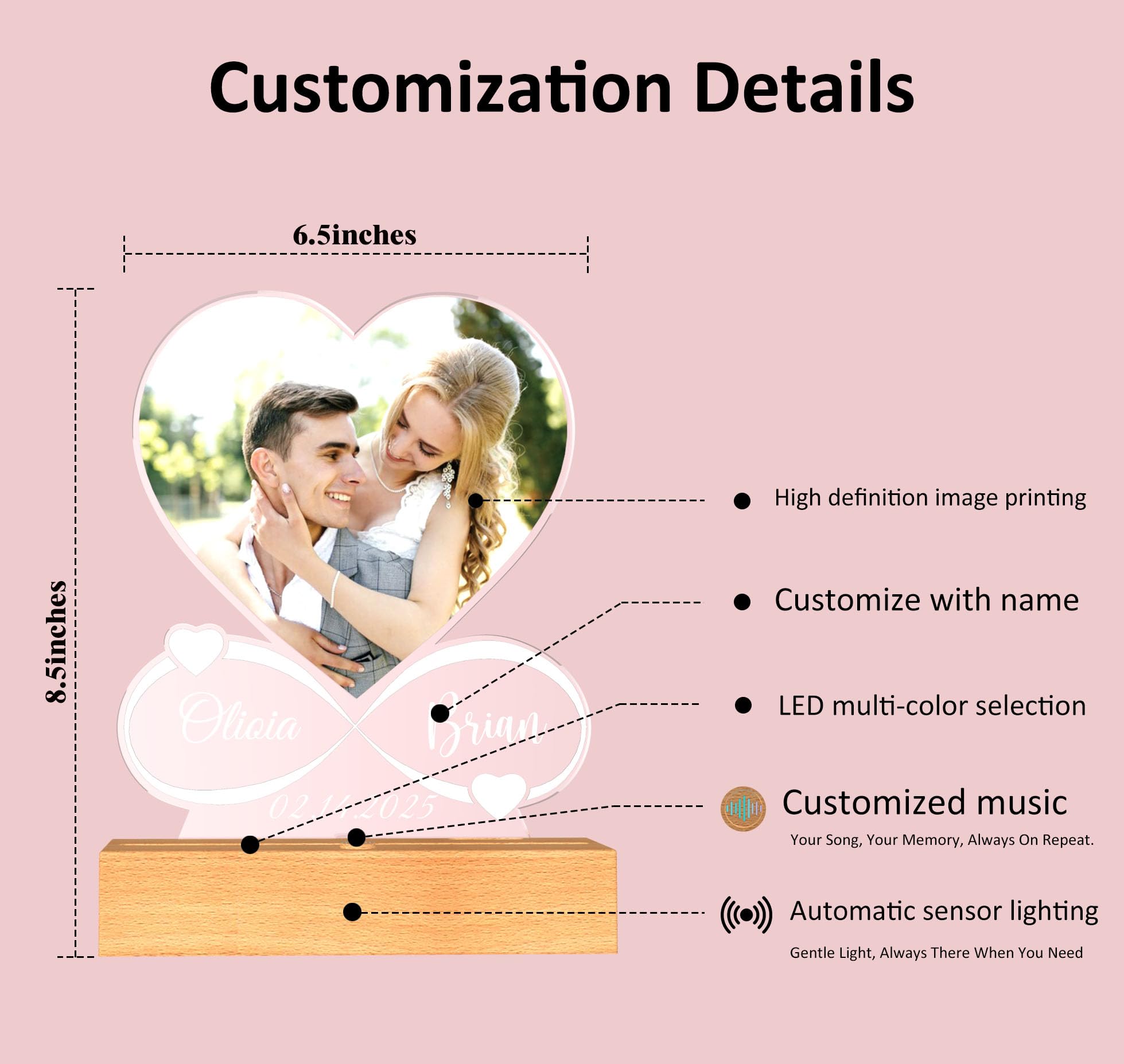 Custom Music Frame with Picture,Personalized Photo Frame with Sensor Night Light & Music Player,Personalized Anniversary/Wedding/Valentine's Gift for Couples Women Men Her Him Mom Family