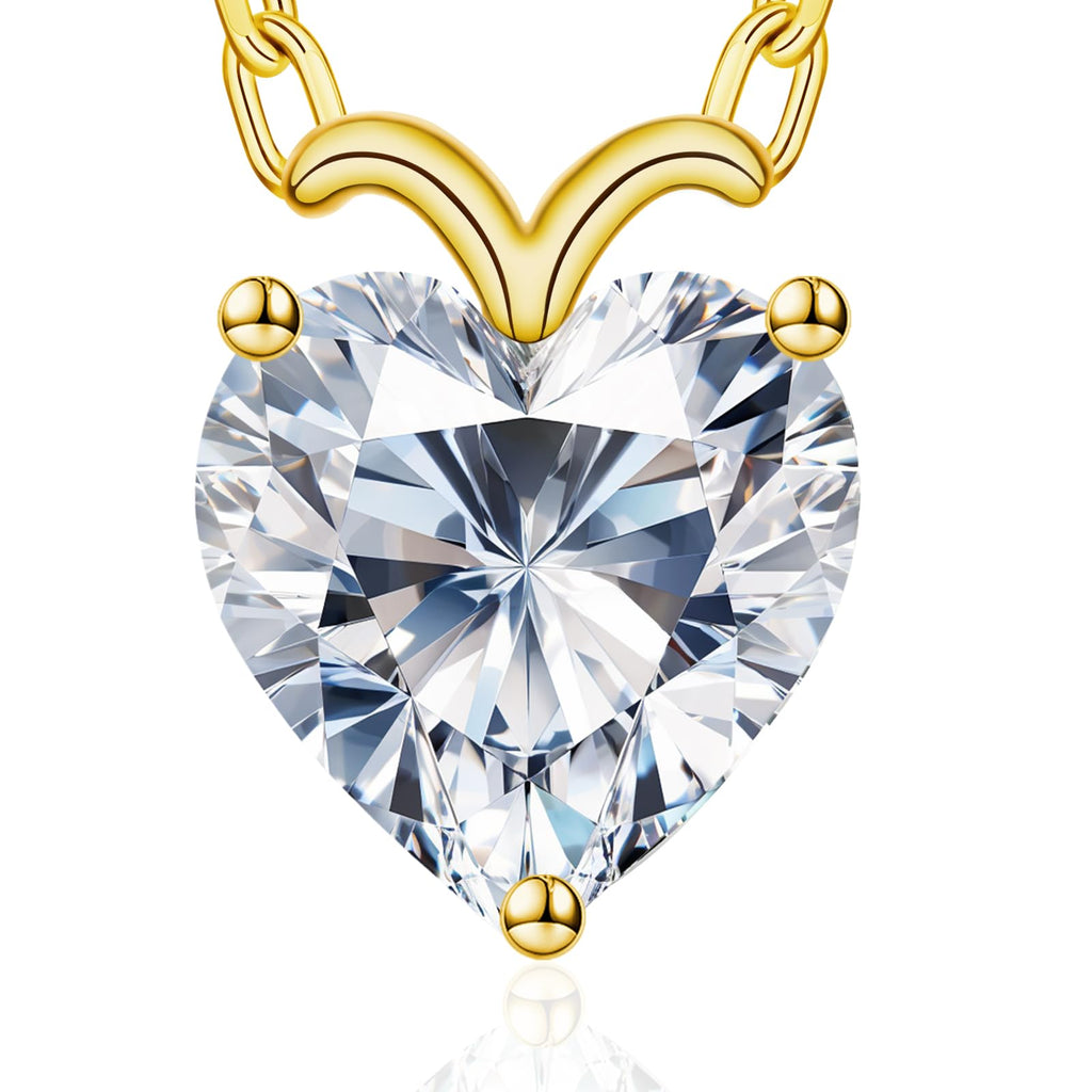 Fullove ForeverLove Heart Gold Necklaces for Women, 4 Carats Heartshap Moissanite, Gold-plated Silver Pendant Jewelry, Anniversary Birthday Gifts for Wife, Girlfriend, Daughter, Mom