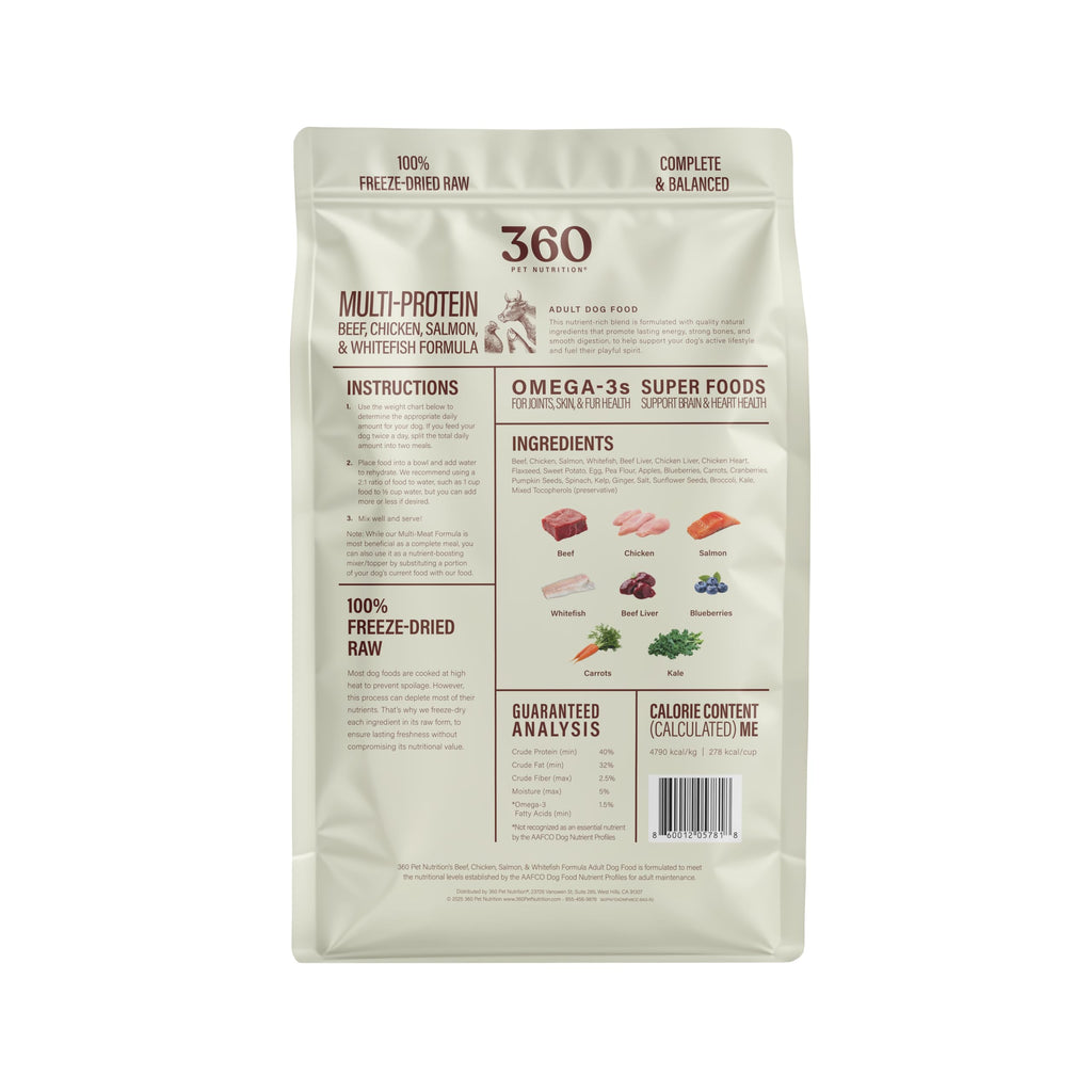 360 Pet Nutrition Freeze-Dried Raw Dog Food – Multi-Protein with Beef, Chicken, Fish, Liver & Organs, High Protein, Omega-3s, Fruits, Veggies & Superfoods, Grain-Free, No Fillers, 3 lb – Made in USA