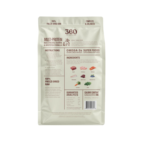 360 Pet Nutrition Freeze-Dried Raw Dog Food – Multi-Protein with Beef, Chicken, Fish, Liver & Organs, High Protein, Omega-3s, Fruits, Veggies & Superfoods, Grain-Free, No Fillers, 3 lb – Made in USA
