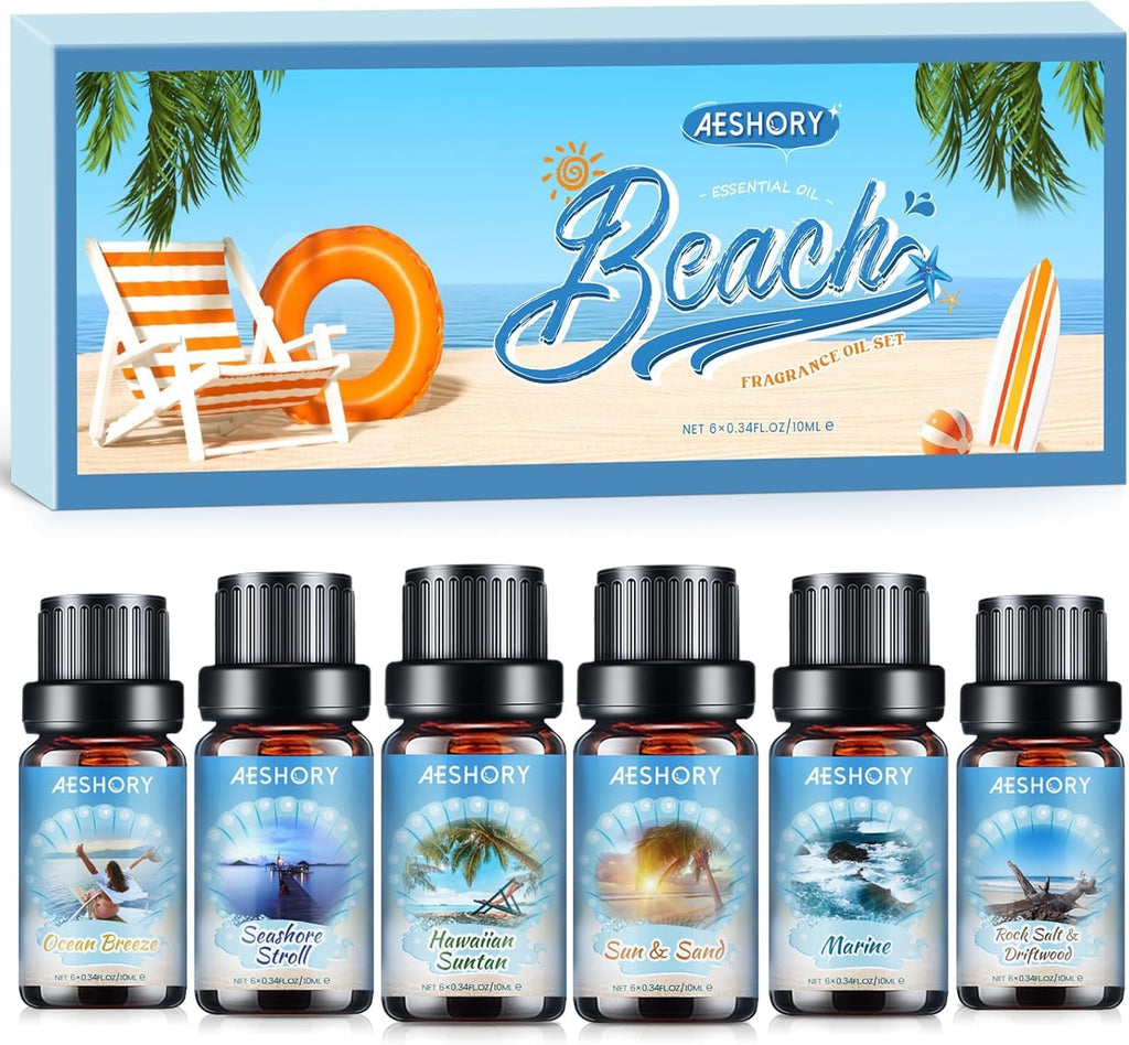 Beach Fragrance Oils Set,6 Premium Summer Essentials Oils for Diffusers for Home,Candle & Soap Making, Ocean Breeze,Hawaiian Suntan,Sun & Sand,Marine,Rock Salt & Driftwood,Seashore Stroll Scented Oil
