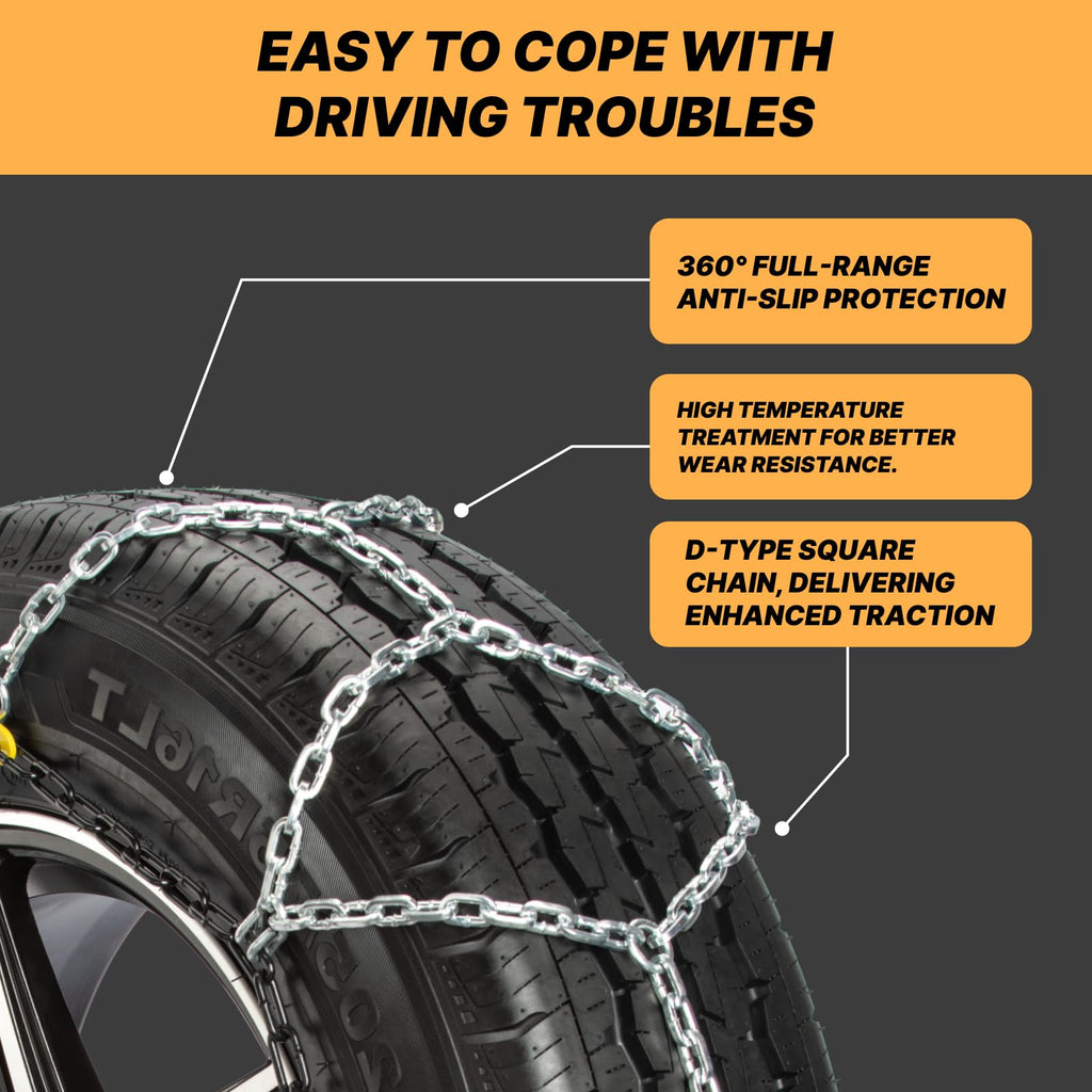 Auto Fixing Snow Chains for Pickup Trucks & SUVs Off-road, Heavy Duty Quick Fit & Easy Installation Snow Tire Chains, Portable Reusable Emergency Tire Traction Chain, Set of 2 (HPK-2335)