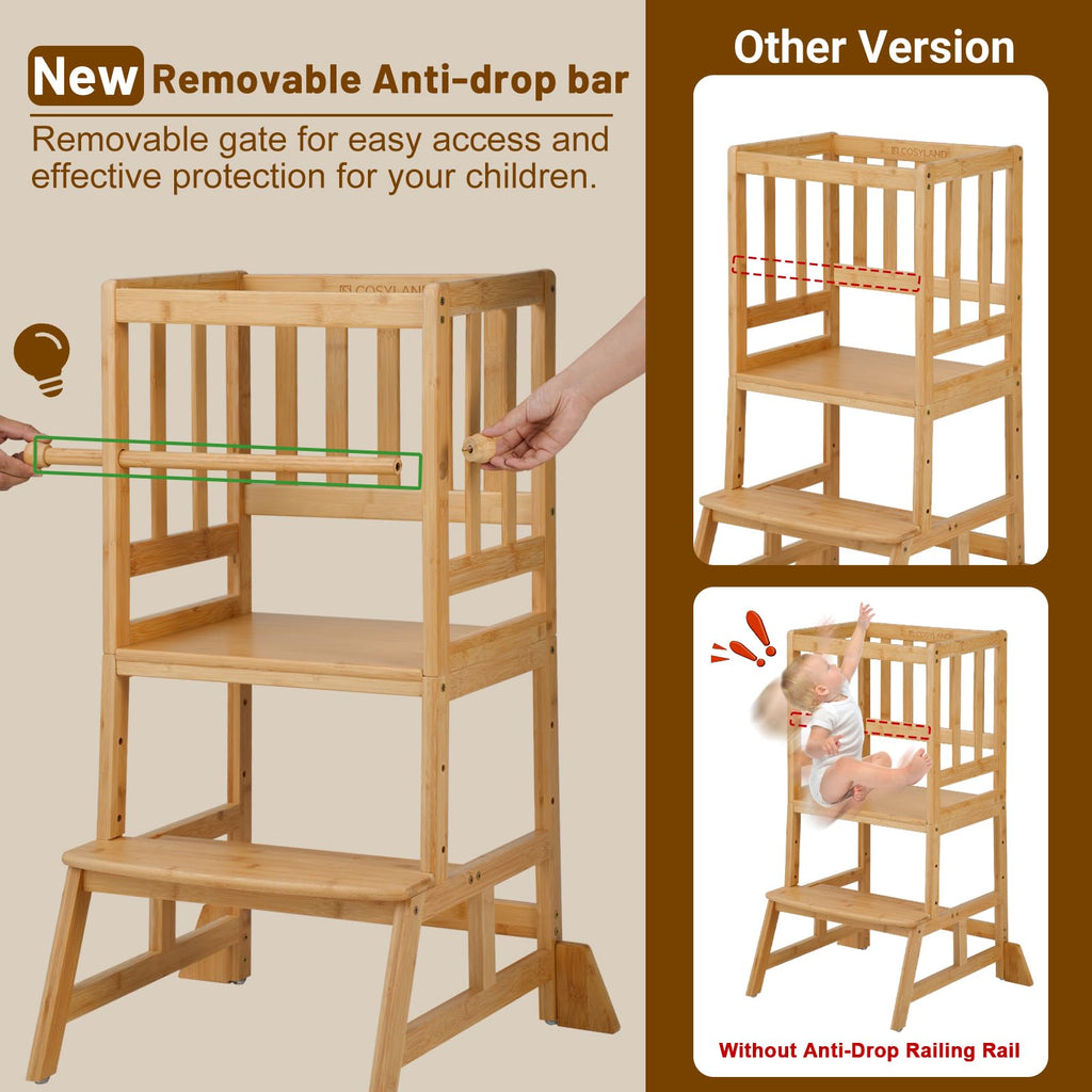 COSYLAND Toddler Standing Tower - Adjustable Height Toddler Kitchen Stool Helper - Kids Kitchen Step Stool for Learning with Removable Safety Railing Natural