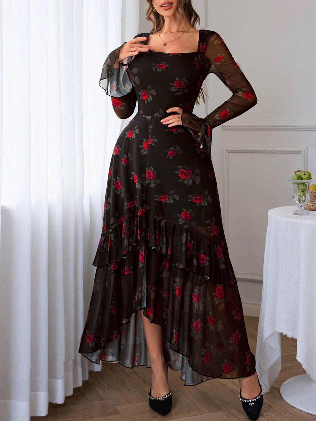 GothDark Women's Floral Mesh Dress Elegant Long Sleeve Square Neck Double Layer Ruffle Hem Casual Wedding Guest Maxi Dresses